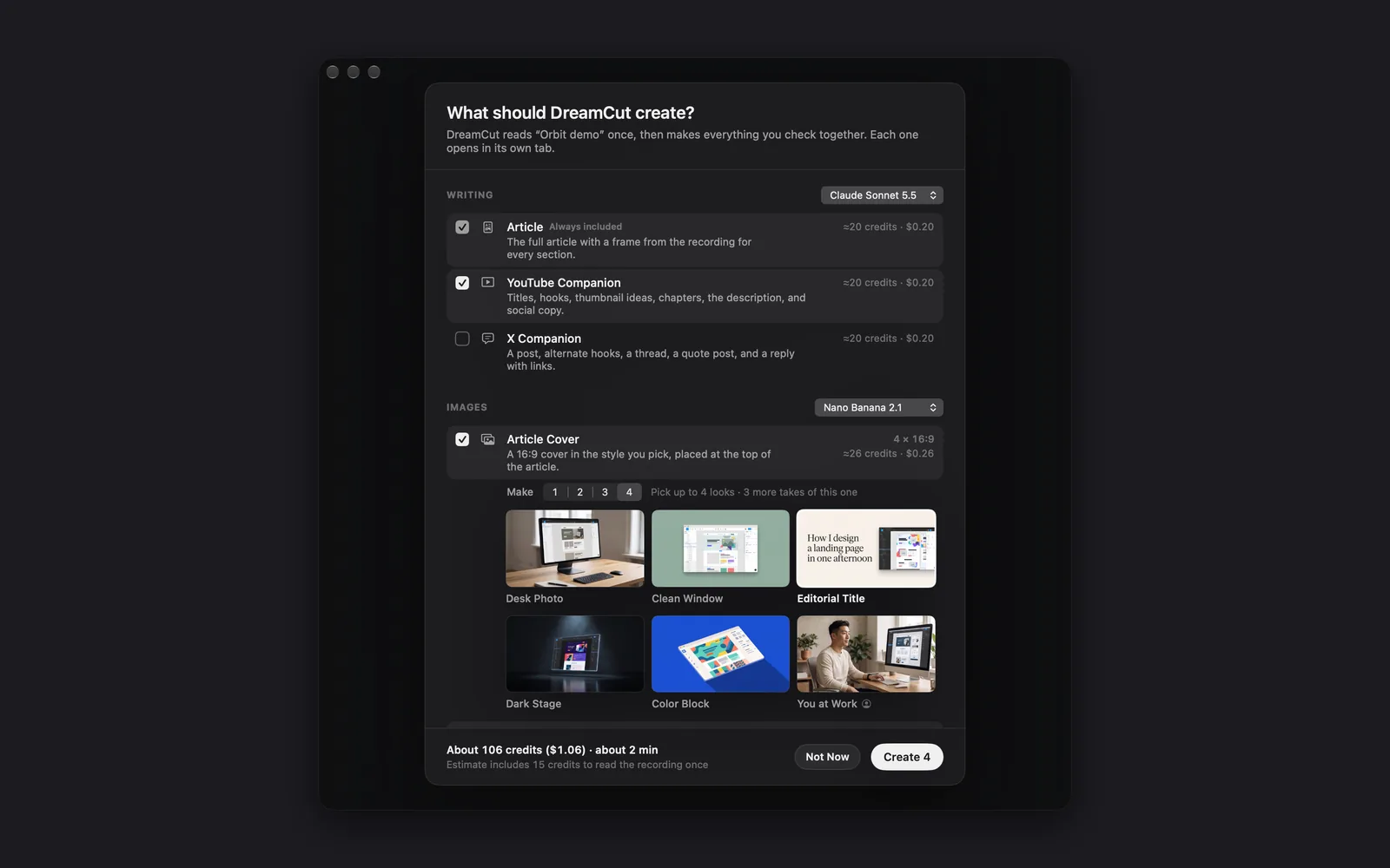 The What should DreamCut create? sheet with Article and YouTube Companion ticked under Writing, Article Cover ticked under Images with Make 4 and its six looks, and the total About 106 credits ($1.06) · about 2 min beside Not Now and Create 4