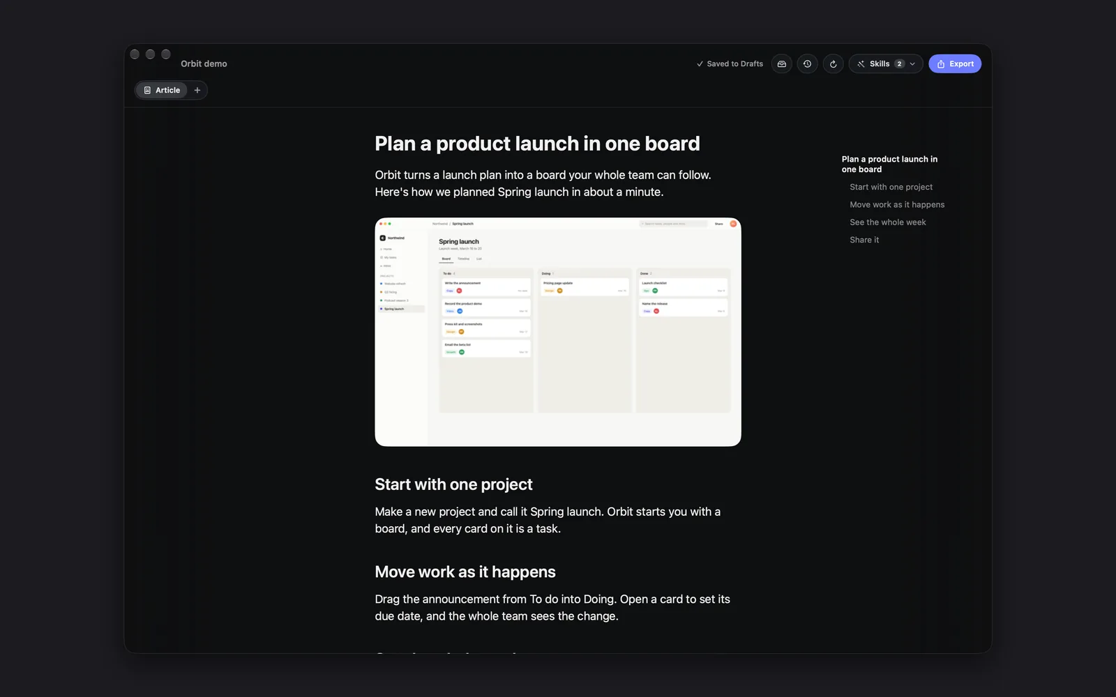 A finished Article tab titled Plan a product launch in one board, with a frame from the recording under the intro, its headings listed on the right, and Saved to Drafts, three icons, Skills 2 and Export at the top right