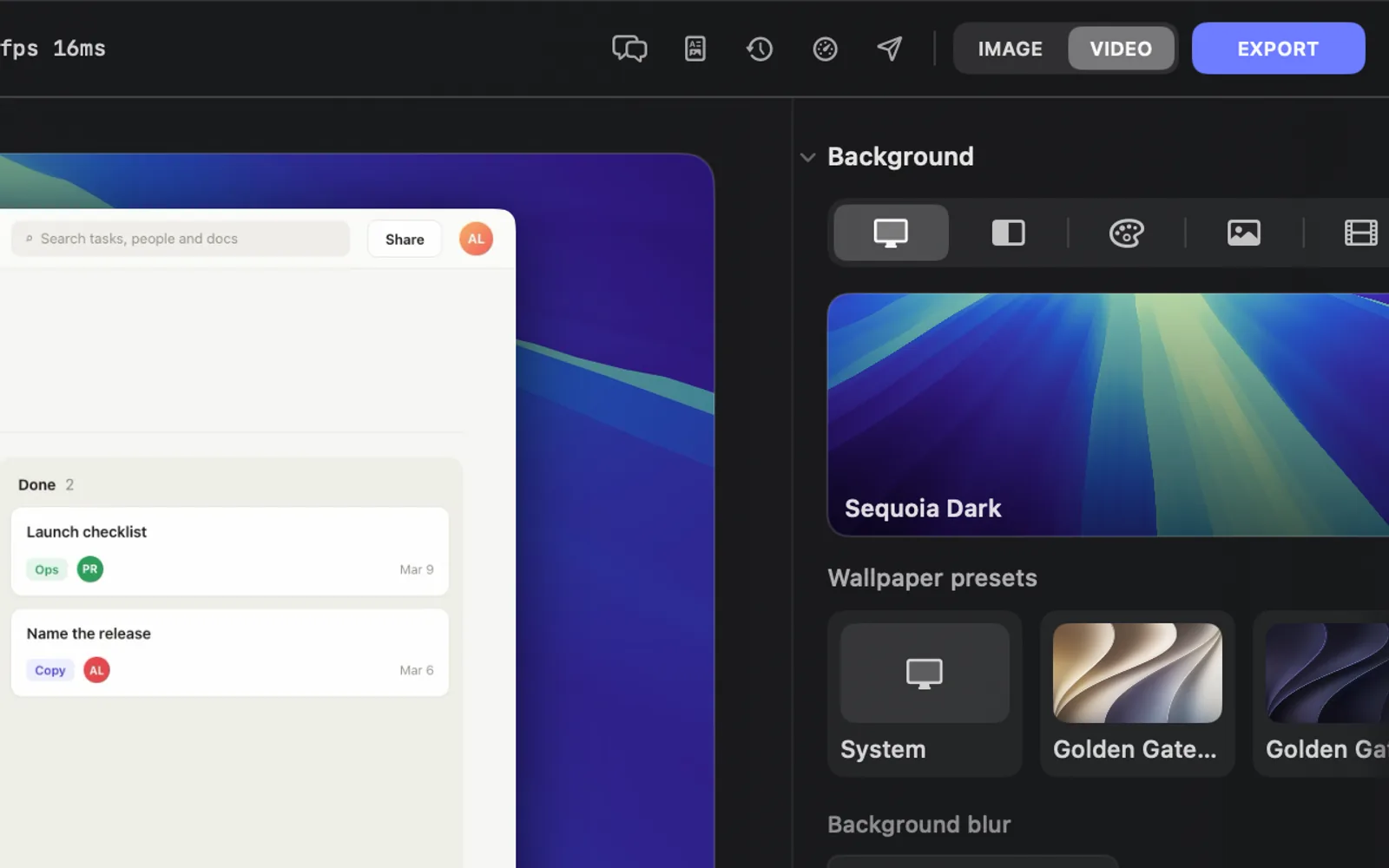 The right end of the editor's top bar: the speech bubbles, the page icon, a clock, a gauge and a paper plane, then IMAGE, VIDEO and EXPORT, above the Background inspector