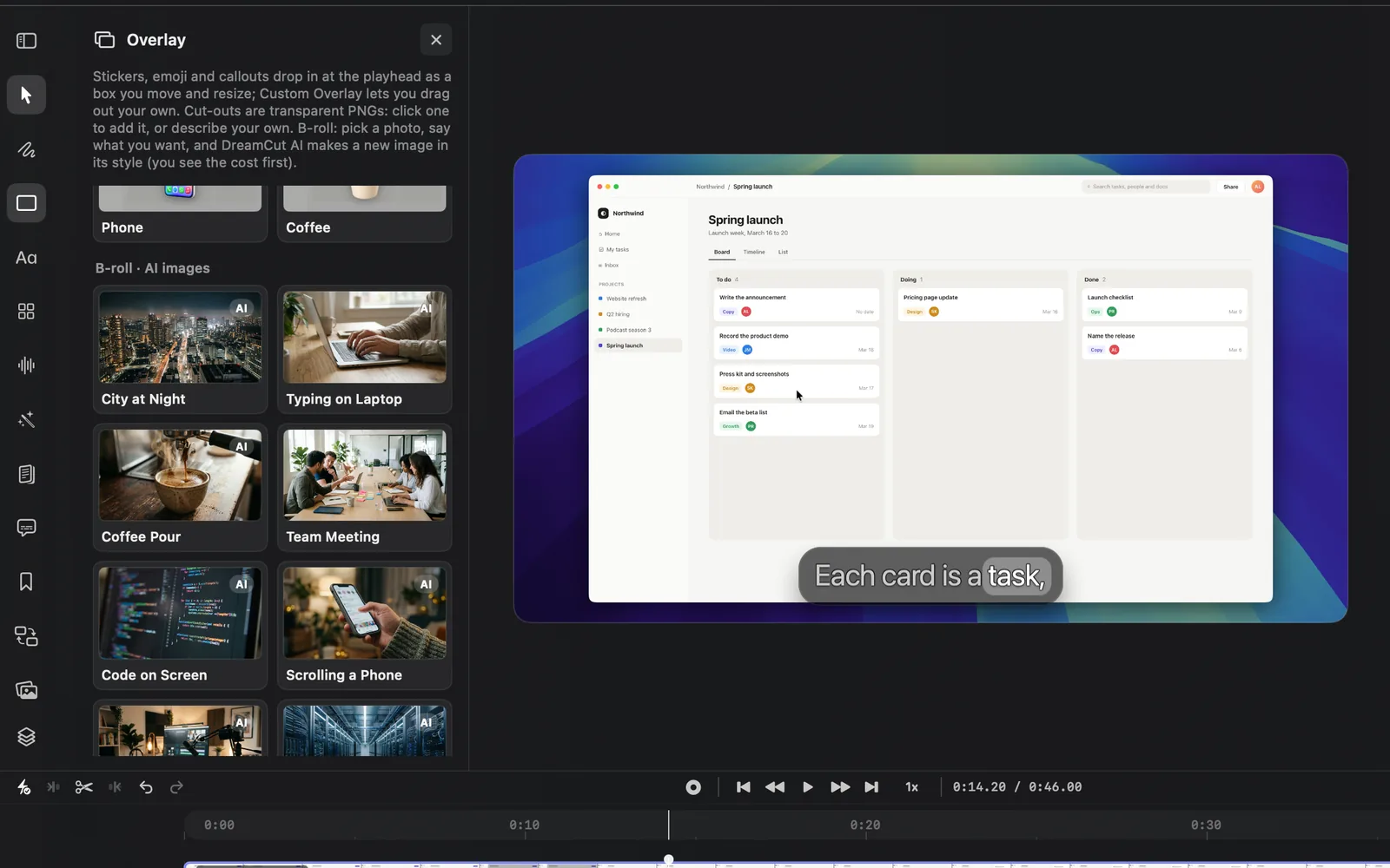 The Overlay panel scrolled to B-roll · AI images, with photo cards for City at Night, Typing on Laptop, Coffee Pour, Team Meeting, Code on Screen and Scrolling a Phone, each marked AI