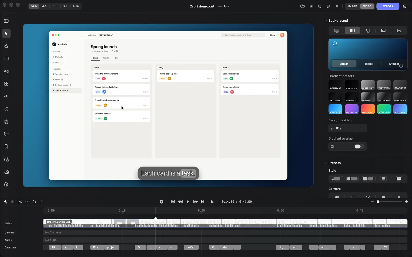The Background section in Gradient mode, with Linear, Radial and Angular on the preview and 15 gradient presets below it