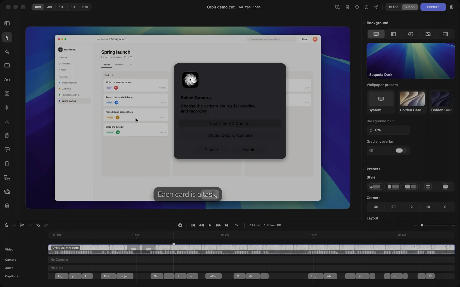 The Select Camera dialog over the DreamCut editor: Choose the camera source for preview and recording, with FaceTime HD Camera highlighted above Studio Display Camera, and the Cancel and Enable buttons