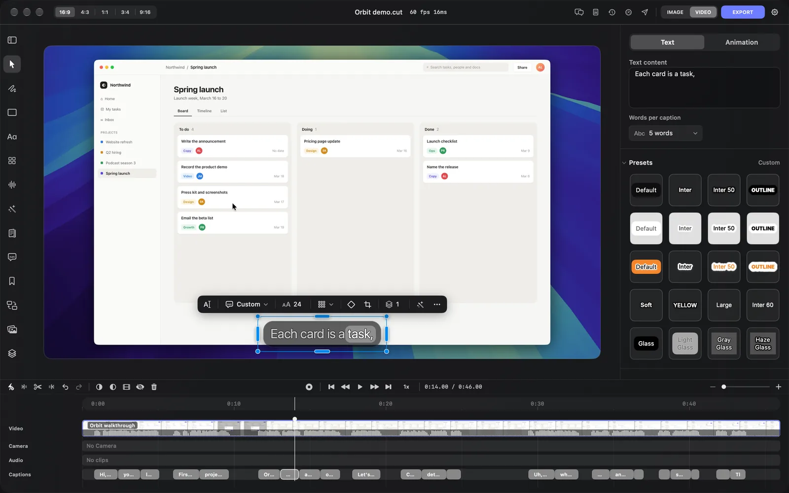 A caption selected on the Captions lane and on the canvas, with its toolbar above it and its Text tab open: Text content "Each card is a task,", Words per caption 5 words, and the grid of caption presets under Presets, which reads Custom
