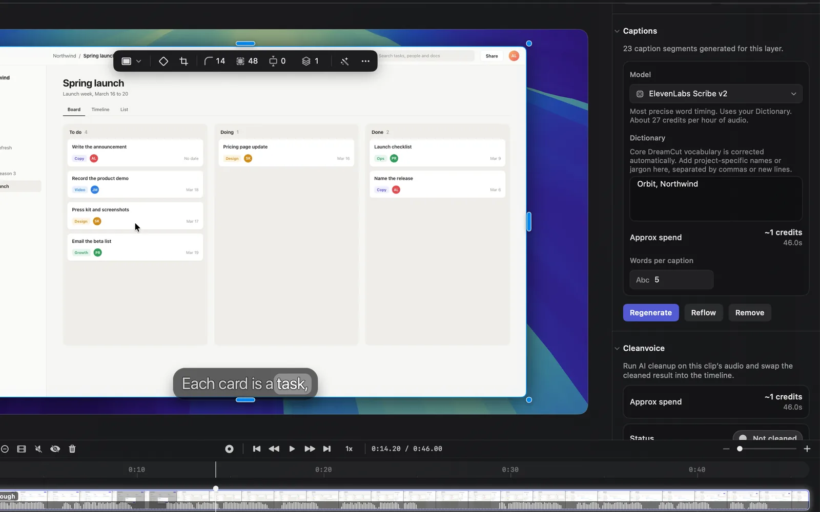 The recording's Audio tab with its Captions section: the ElevenLabs Scribe v2 model, a Dictionary, about 1 credit of spend for 46 seconds, and the Regenerate, Reflow and Remove buttons