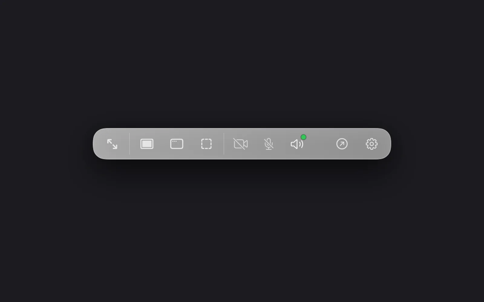 The small capture bar: the expand arrows at its left end, then Display, Window and Area as icons, the camera and microphone crossed out, the speaker with a green dot because system audio is on, Open and the gear