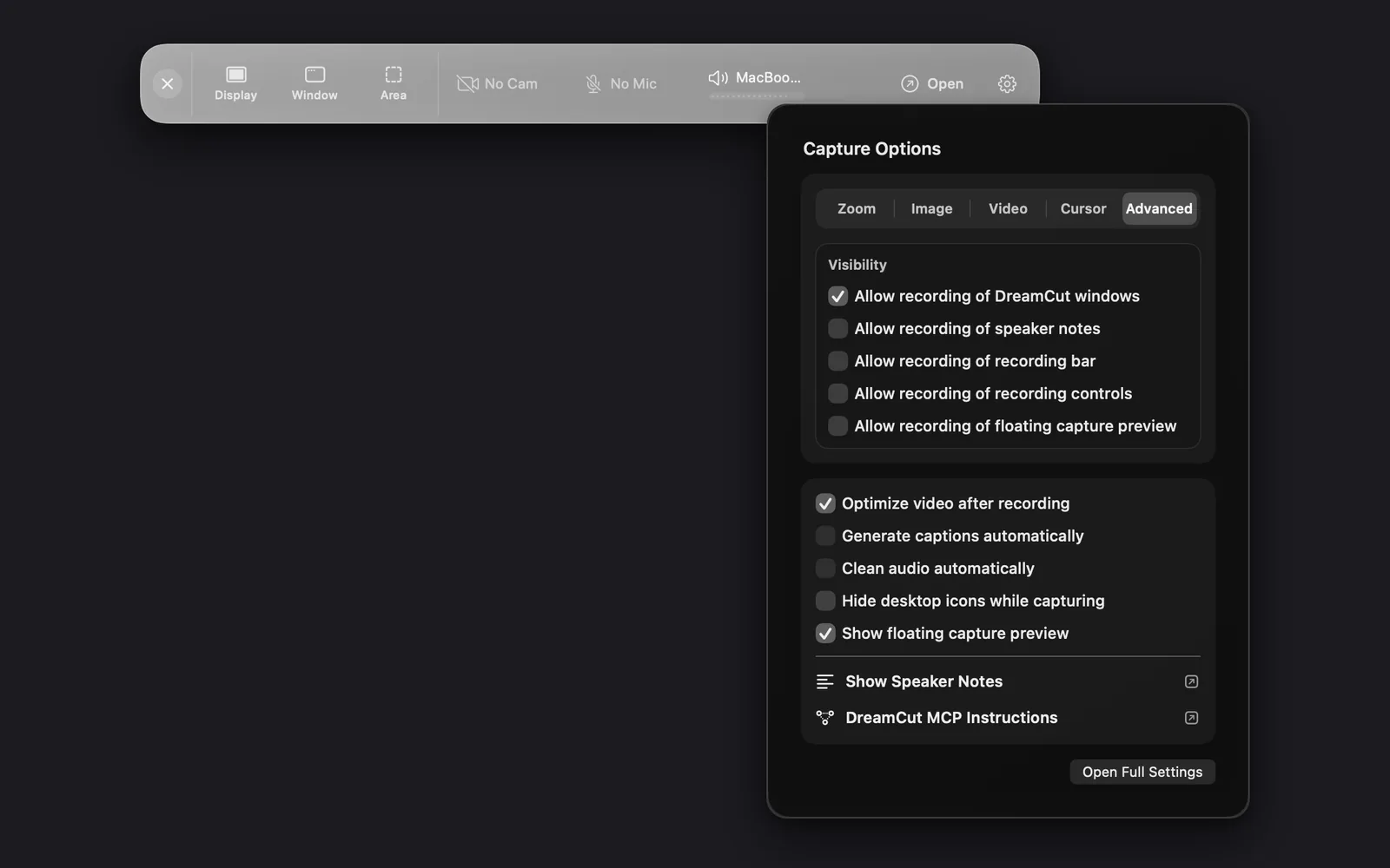 Capture Options on the Advanced tab with its defaults: under Visibility, Allow recording of DreamCut windows is ticked, and speaker notes, recording bar, recording controls and floating capture preview are unticked