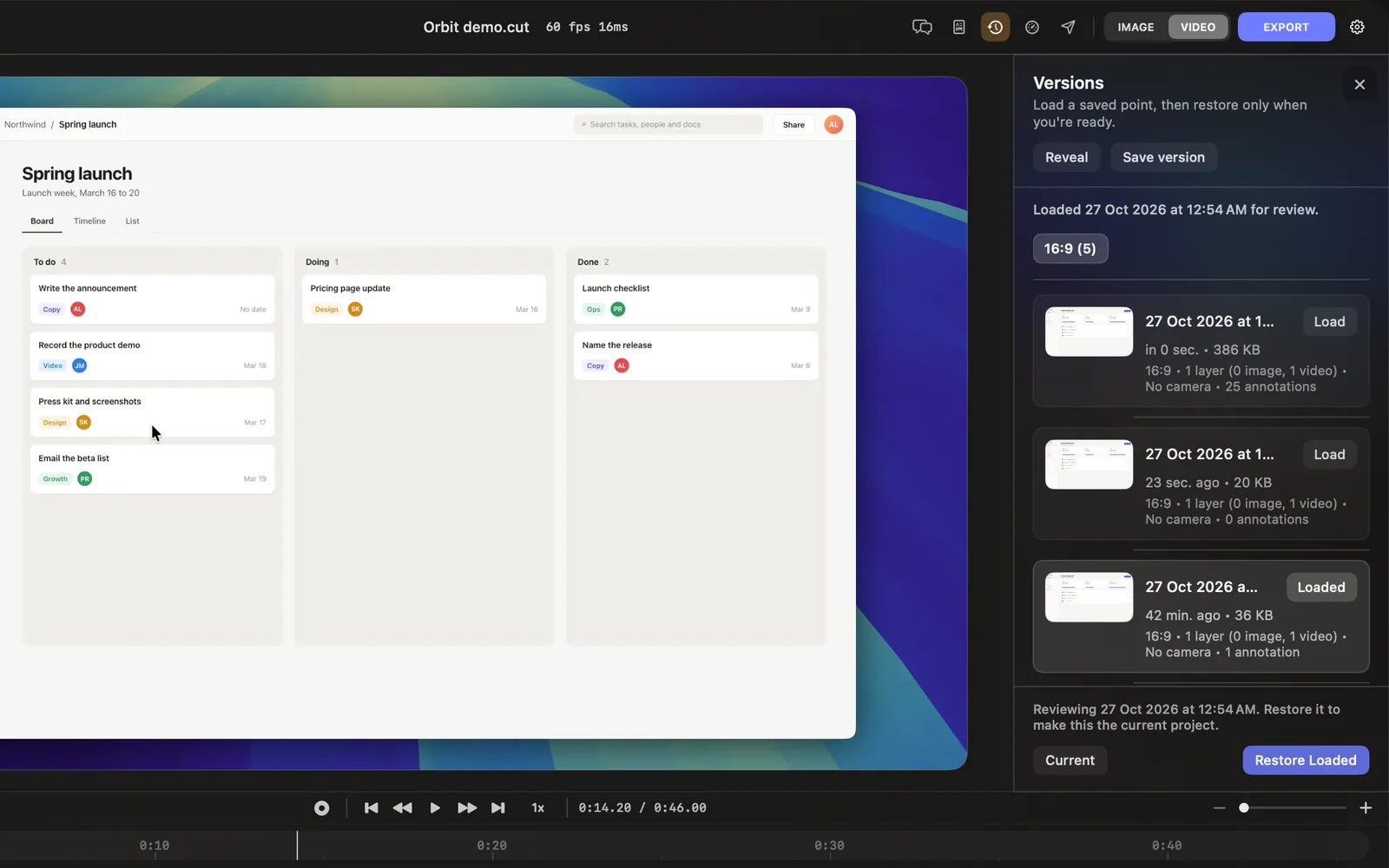 The Versions pane scrolled down a little after Load on the version from 42 minutes ago: "Loaded 27 Oct 2026 at 12:54 AM for review.", the 16:9 (5) tab with the project as it was a moment ago saved at the top, the loaded version's button reading Loaded, and the footer "Reviewing 27 Oct 2026 at 12:54 AM. Restore it to make this the current project." above Current and Restore Loaded. The canvas shows that version, without the text, the box and the caption