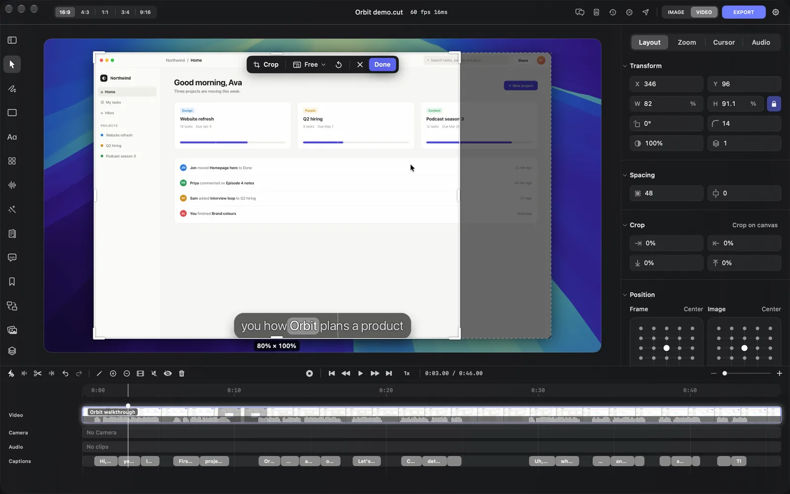 The recording in crop mode with its right fifth dimmed, the crop bar above it showing Crop, Free, reset, close and Done, and the badge 80% × 100% under the box, while the inspector's Crop fields still read 0%