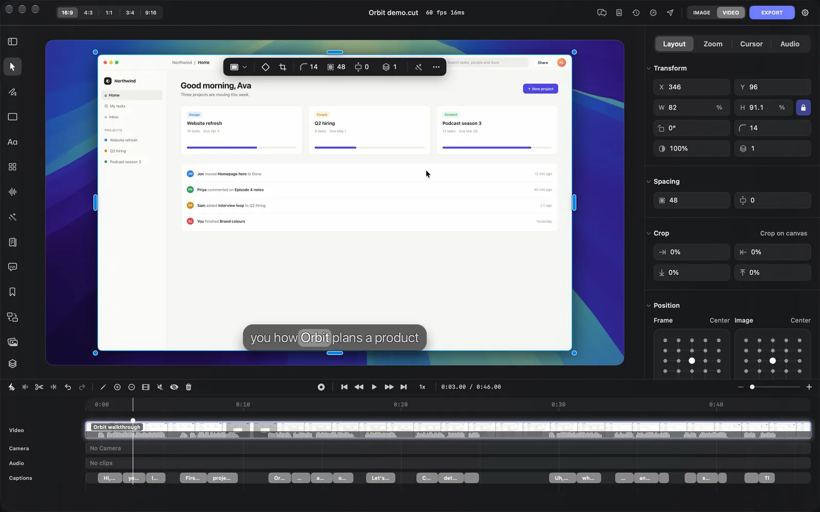 The recording selected on the canvas, with its toolbar: the recording size menu, keyframe, crop, Corners 14, Padding 48, Inset 0, Z-index 1, the wand and More, and the inspector's Layout tab beside it
