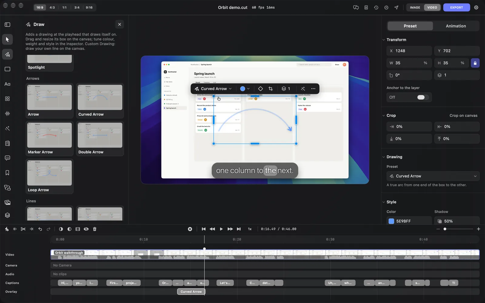 A Curved Arrow selected on the canvas, drawn faintly because the playhead is at the end of its clip, with its toolbar (Curved Arrow, the blue swatch, the diamond, the crop button, stack 1, the wand and More) and the top of the Preset tab: Transform with X 1248, Y 702, W 35%, H 35% and the lock on, Anchor to the layer Off, Crop at 0%, Drawing with Preset Curved Arrow and A true arc from one end of the box to the other., and Style with Color 5E9BFF and Shadow 50%
