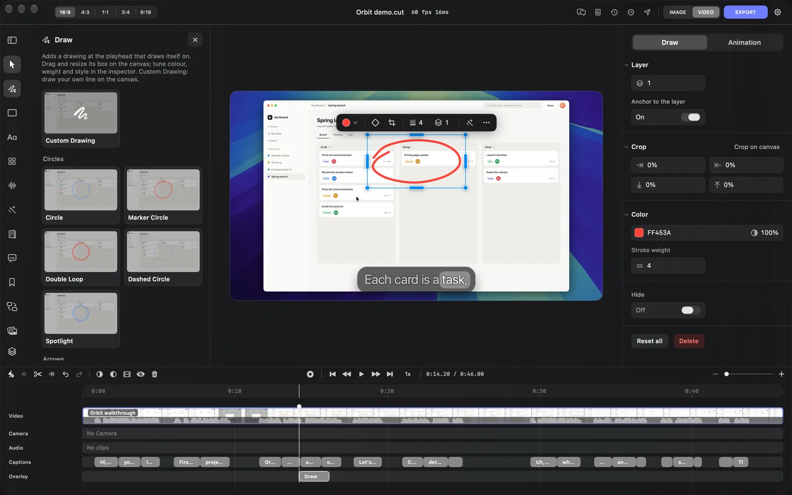 A red hand-drawn loop round a card, selected, with its toolbar showing the colour swatch, the keyframe diamond, the crop button, stroke width 4, stack number 1, the wand and More, and the inspector's Draw tab with Layer 1, Anchor to the layer On, Crop, Color FF453A at 100%, Stroke weight 4, Hide Off, Reset all and Delete