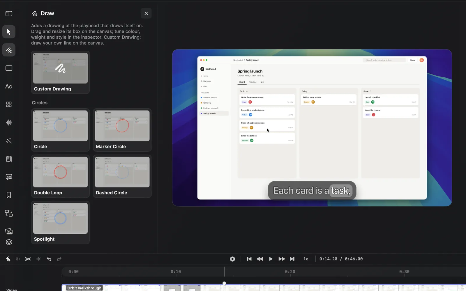 The Draw panel: its description, the Custom Drawing card, then the Circles group with Circle, Marker Circle, Double Loop, Dashed Circle and Spotlight, each drawn over a frame of the recording