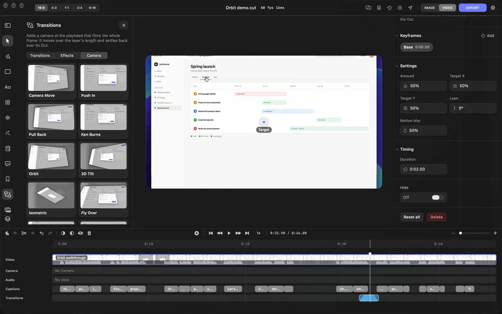 A Push In camera move selected with the playhead inside it: a Target handle sits in the middle of the canvas, and the inspector shows Keyframes with only Base at 0:00.00, then Settings with Amount 50%, Target X 50%, Target Y 50%, Lean 0° and Motion blur 50%, and Timing with Duration 0:02.00