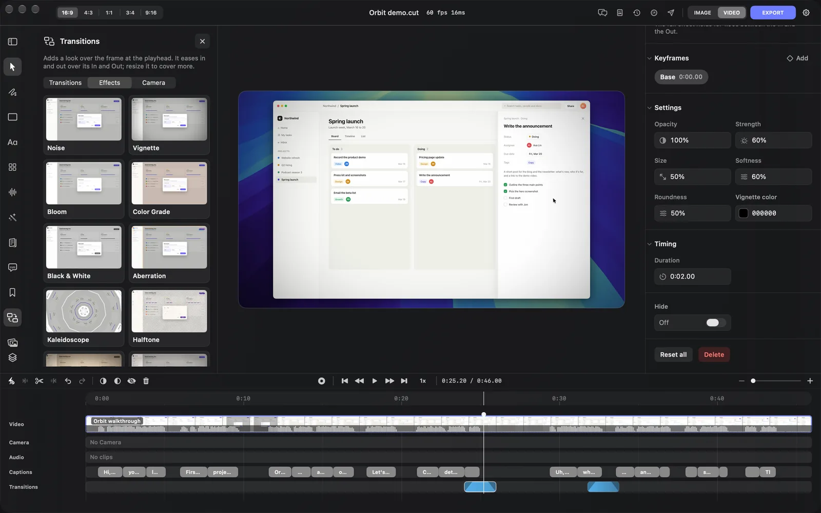 A Vignette effect selected with the playhead inside it and the Effects panel open on the left; the inspector's Settings show Opacity 100%, Strength 60%, Size 50%, Softness 60%, Roundness 50% and Vignette color 000000, above Timing with Duration 0:02.00