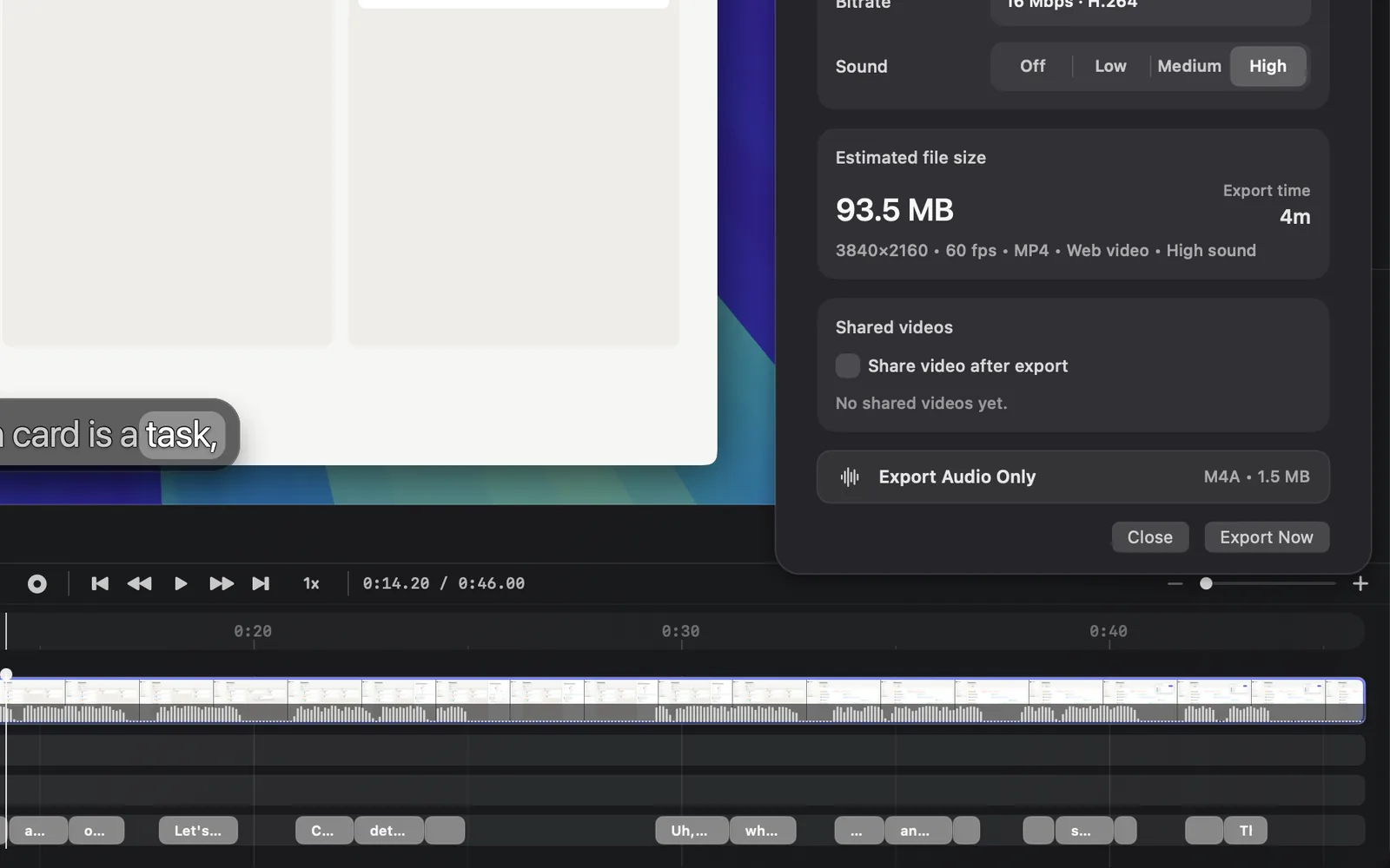 The bottom of Export Settings: Estimated file size 93.5 MB with Export time 4m, the Shared videos card with Share video after export unticked, Export Audio Only at M4A • 1.5 MB, then Close and Export Now
