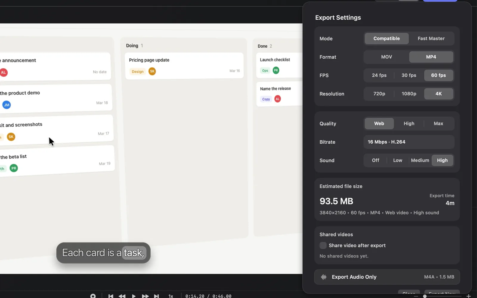 The top of Export Settings: Mode Compatible, Format MP4, FPS 60 fps, Resolution 4K, Quality Web, Bitrate 16 Mbps · H.264, Sound High, an estimated 93.5 MB in 4m, the Shared videos card and Export Audio Only, with Close and Export Now cut off at the bottom edge