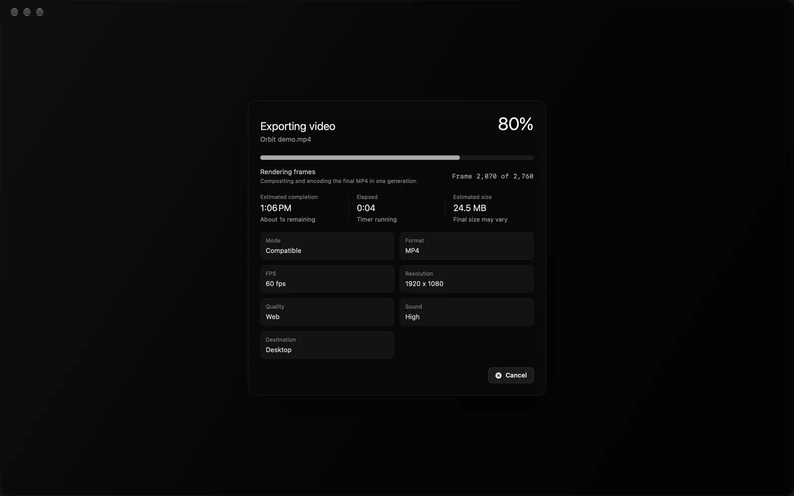The Exporting video screen for Orbit demo.mp4 at 80%: Rendering frames, Frame 2,070 of 2,760, Estimated completion 1:06 PM with About 1s remaining, Elapsed 0:04, Estimated size 24.5 MB, then Mode Compatible, Format MP4, FPS 60 fps, Resolution 1920 x 1080, Quality Web, Sound High, Destination Desktop, and Cancel