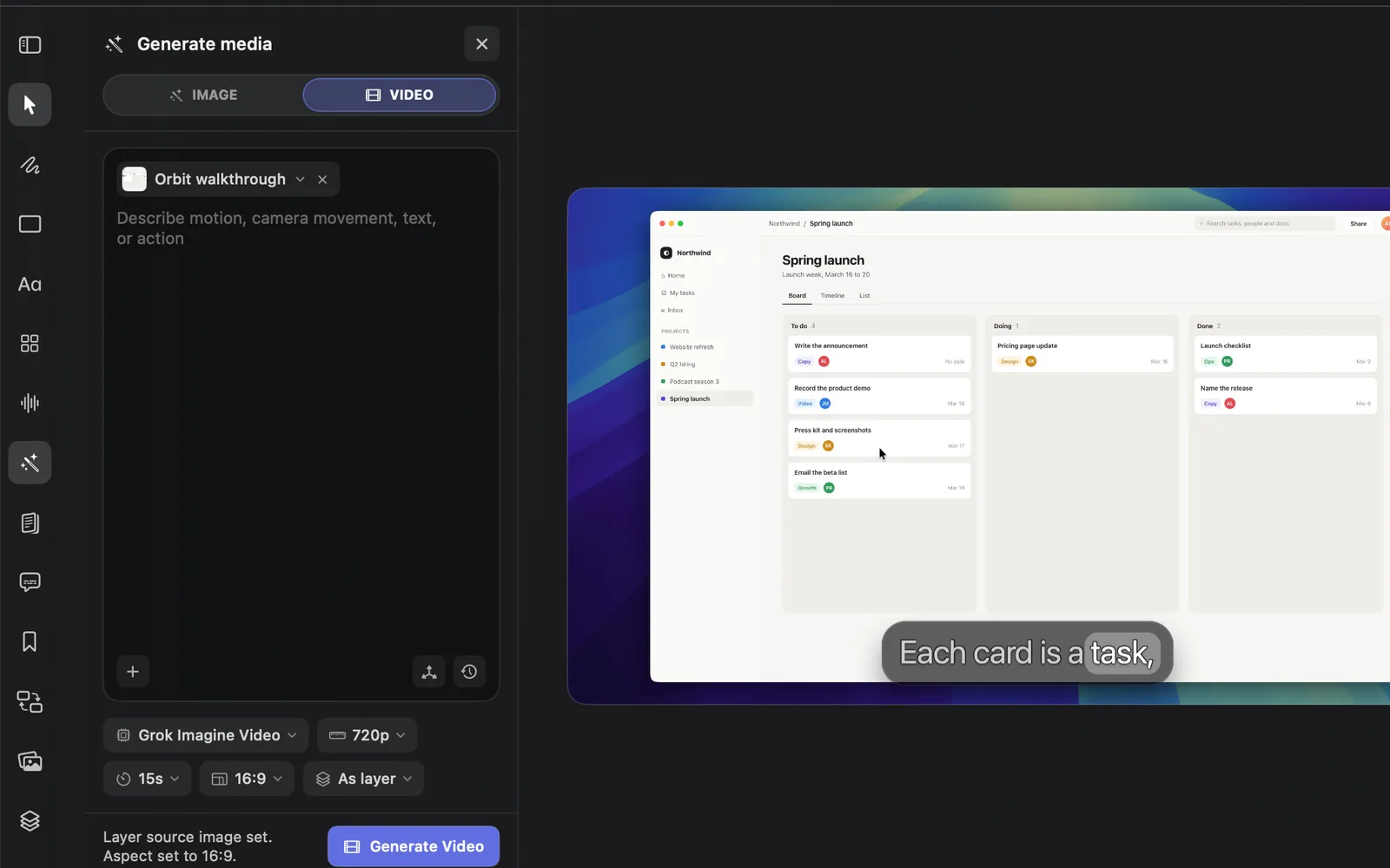 The VIDEO tab with the Orbit walkthrough source chip, an empty motion prompt, Grok Imagine Video, 720p, 15s, 16:9 and As layer, and "Layer source image set. Aspect set to 16:9." beside Generate Video
