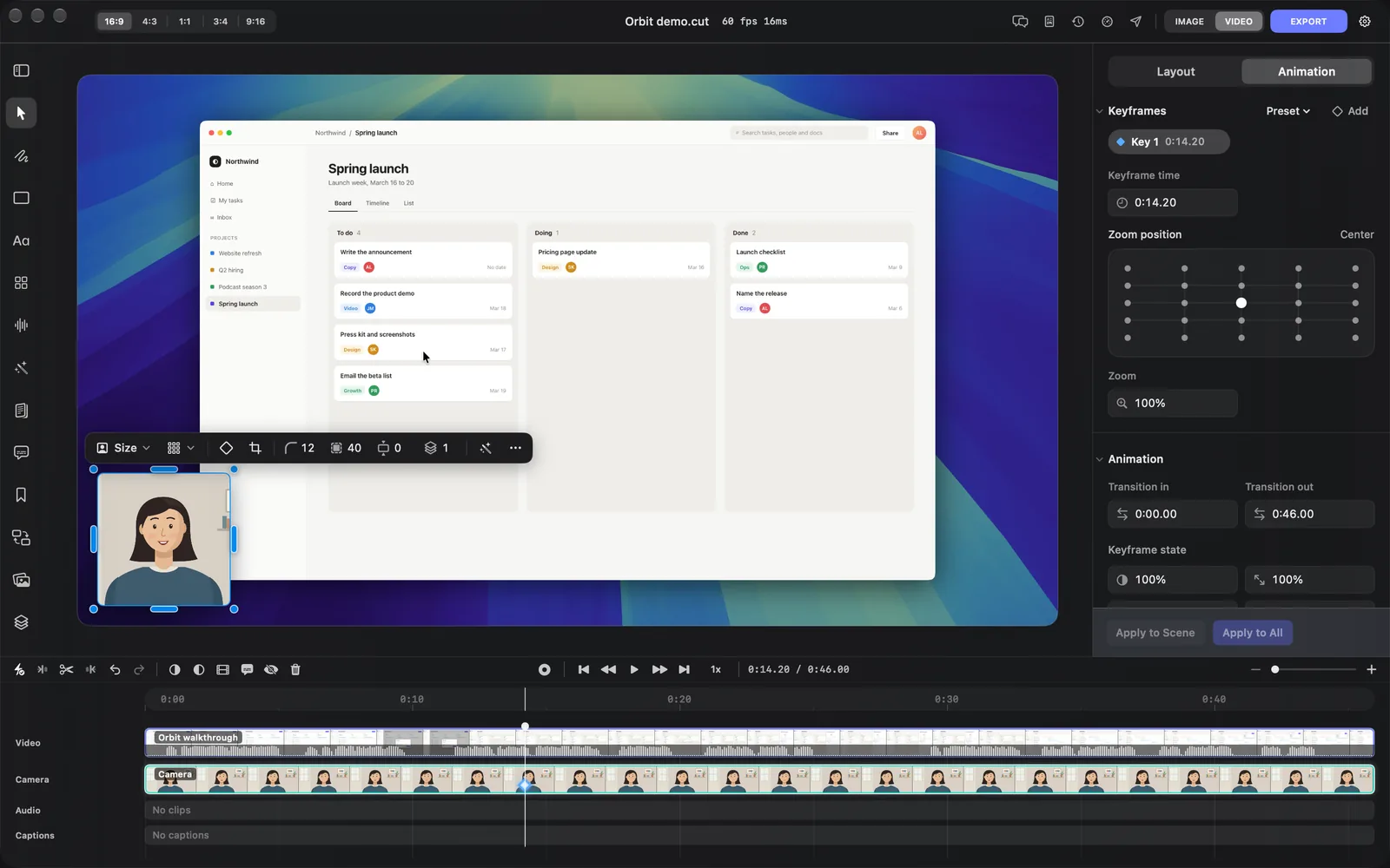 The camera's Animation tab with Key 1 at 0:14.20, its Keyframe time, the Zoom position grid and Zoom at 100%, and a keyframe diamond on the Camera lane