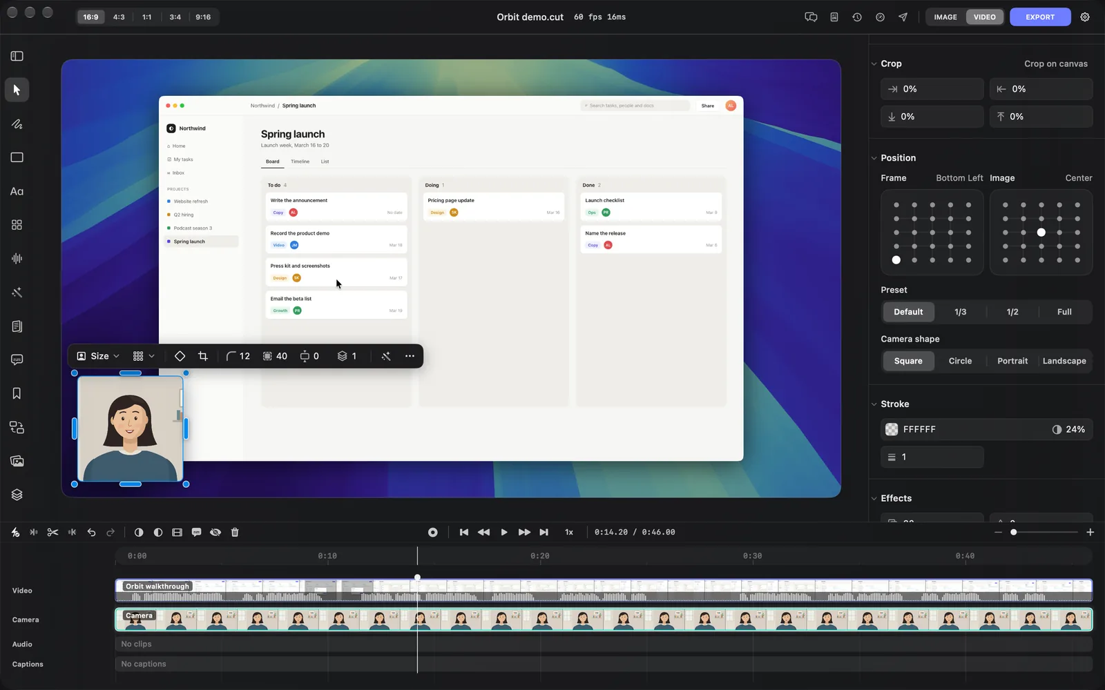 The camera selected in the bottom-left corner with its toolbar above it, and the inspector's Layout tab scrolled to Crop, Position, Preset, Camera shape and Stroke