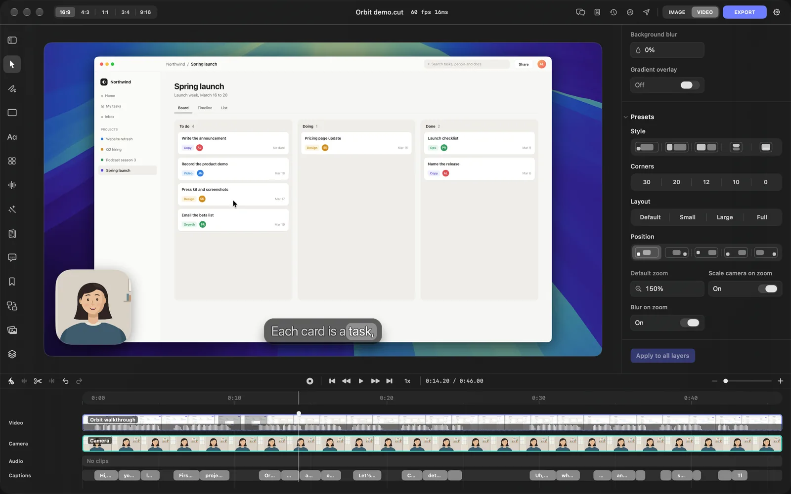 The editor with the camera in a rounded bubble at the bottom left of the 16:9 canvas, and the inspector's Presets block: Style, Corners, Layout and Position with the first Position icon highlighted, then Default zoom 150%, Scale camera on zoom and Blur on zoom, and Apply to all layers below a dividing line, greyed out because the project has one scene and one camera clip
