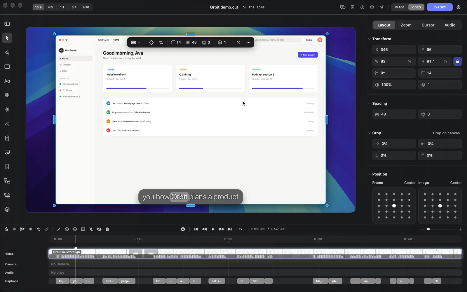 The recording selected on the canvas with its toolbar above it, and the Layout tab showing Transform, Spacing, Crop and Position, set to corners 14, padding 48 and inset 0