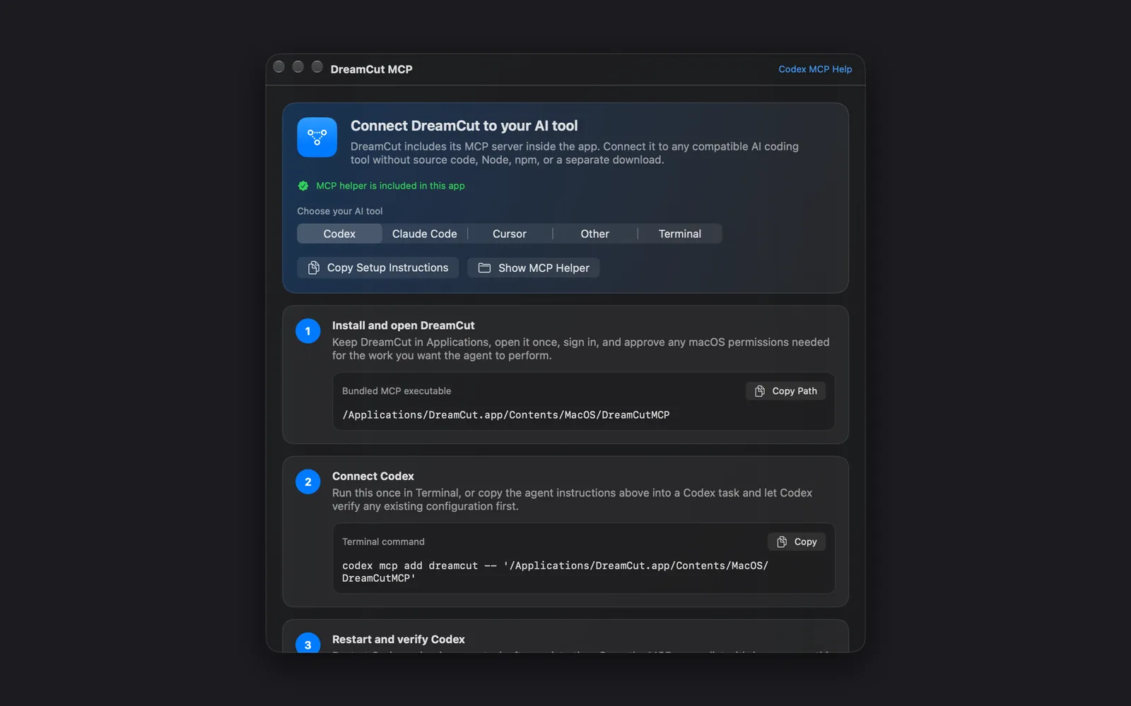 The DreamCut MCP window with Codex picked: MCP helper is included in this app, the bundled MCP executable path with Copy Path, and the codex mcp add command with Copy