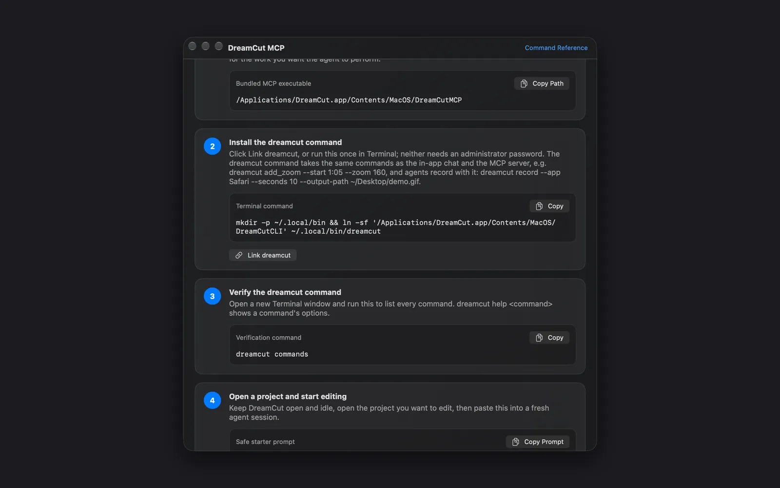 The DreamCut MCP window at step 2, Install the dreamcut command: the Terminal command that links dreamcut into ~/.local/bin with its Copy button, the Link dreamcut button, then step 3's dreamcut commands check and the top of step 4