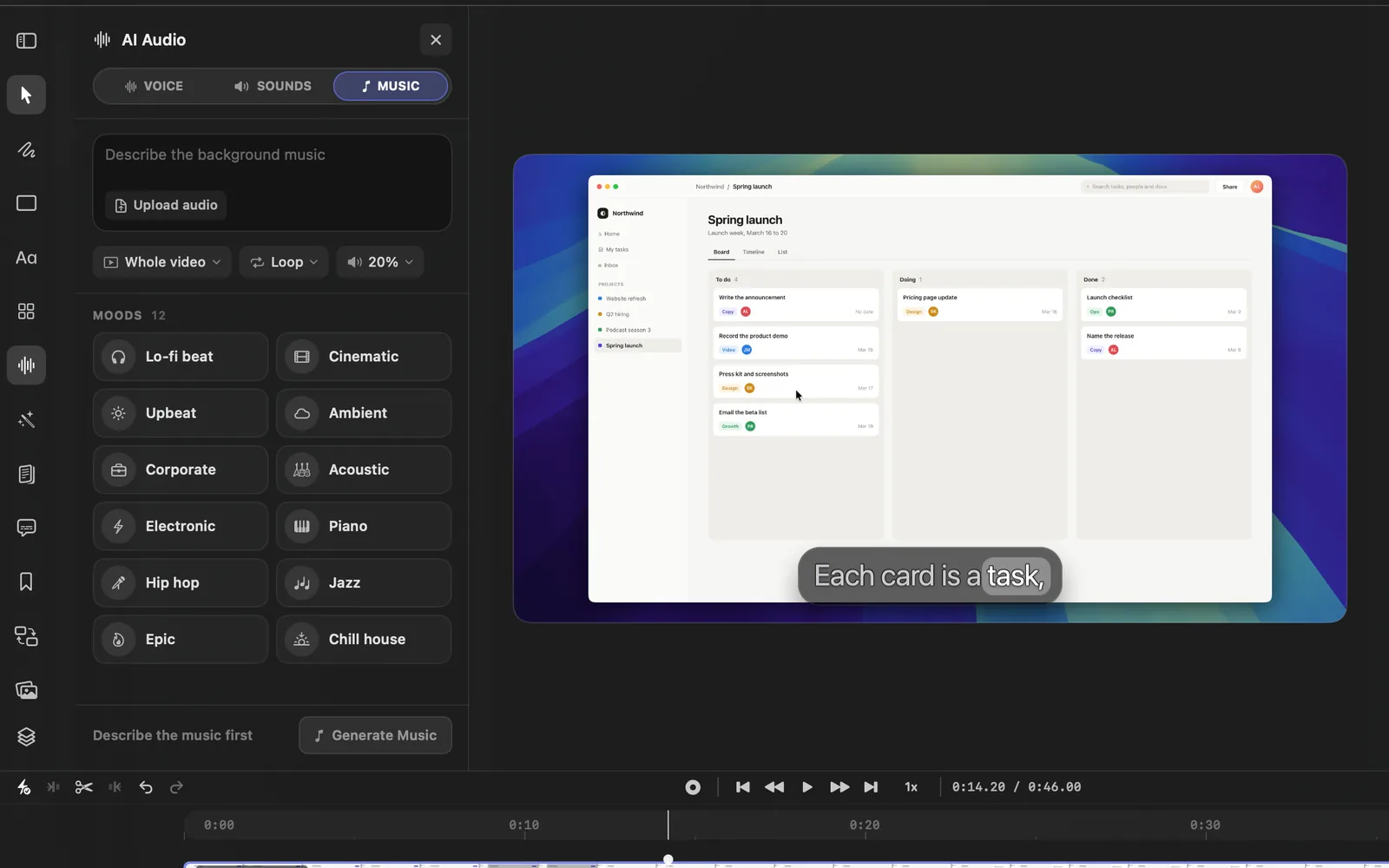 The MUSIC tab with nothing in it yet: the box that reads Describe the background music with Upload audio inside it, the Whole video, Loop and 20% menus, the 12 moods under MOODS 12 from Lo-fi beat to Chill house, and Generate Music greyed out beside "Describe the music first"