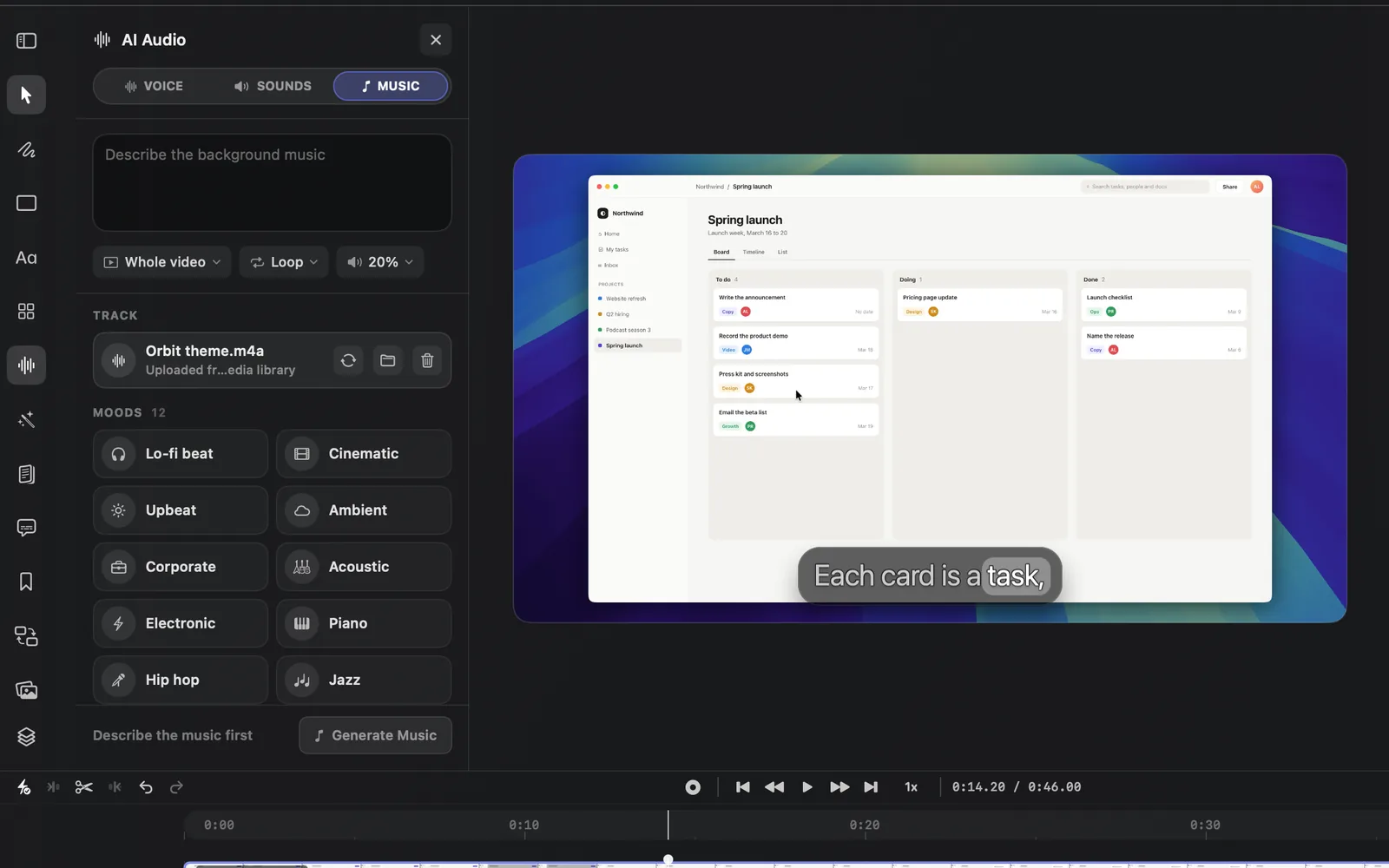 The MUSIC tab with an uploaded track: the Whole video, Loop and 20% menus, then TRACK with the file's name over Uploaded from your media library, shortened in the middle, and three buttons on its right, a circular arrow, a folder and a bin, above the MOODS
