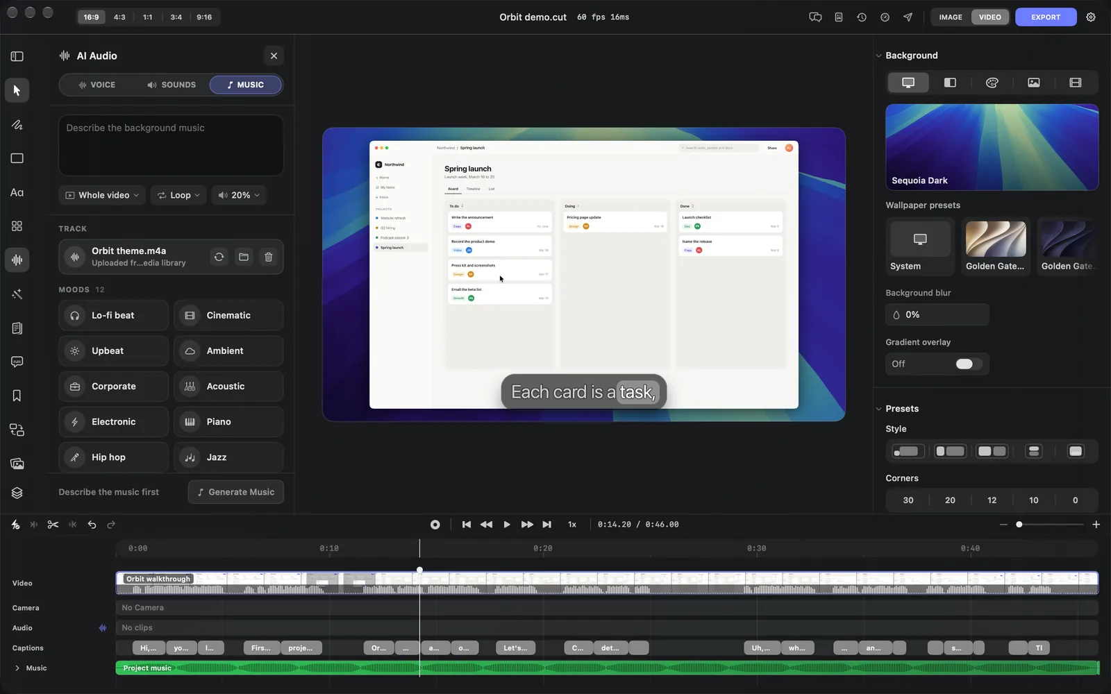 The editor after a track is uploaded: TRACK in the MUSIC tab names the file over Uploaded from your media library, shortened in the middle to fit, Upload audio is gone from the box, and a green Music lane with one Project music piece runs under the whole video below the Captions lane