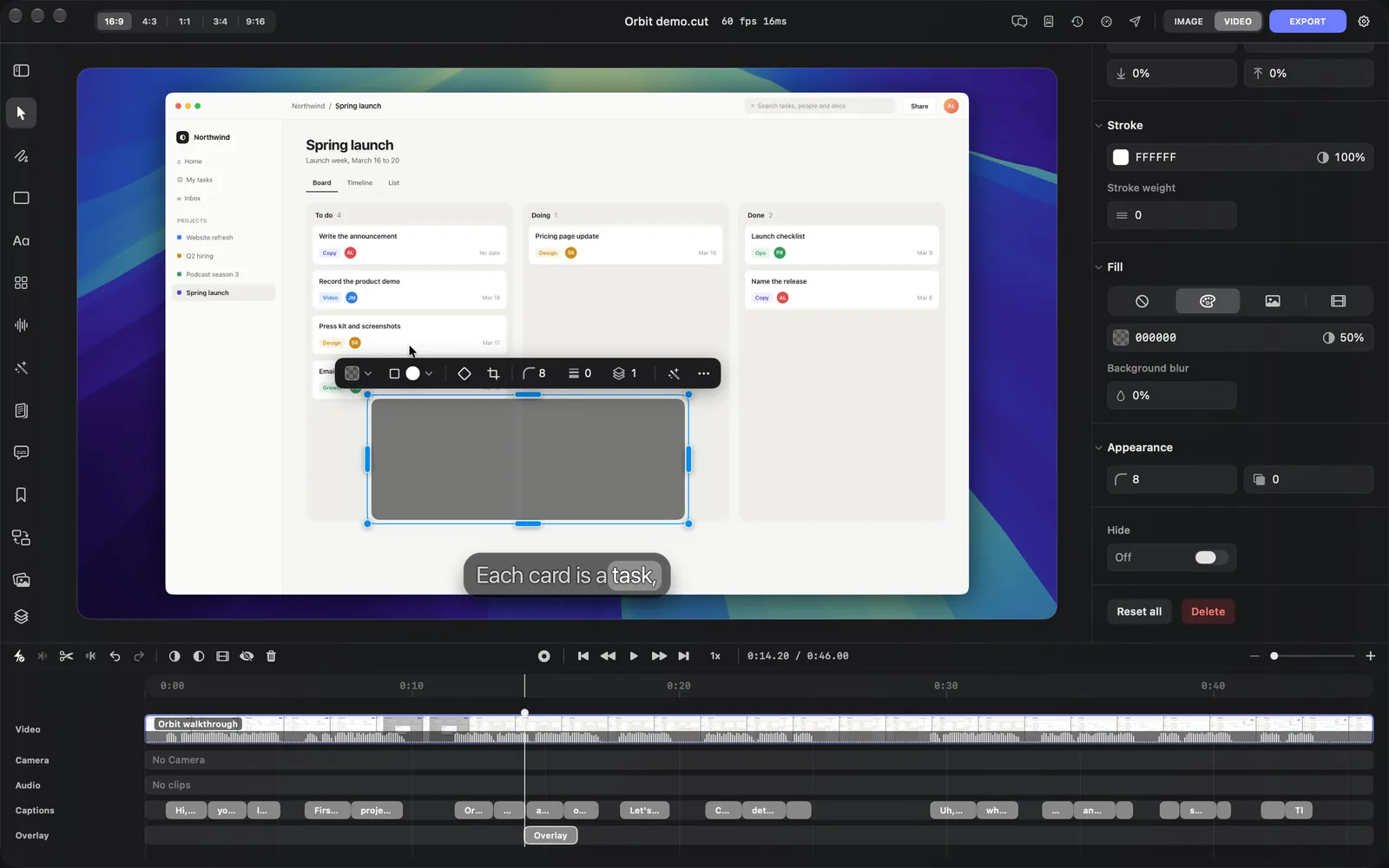 A new box selected on the canvas at 0:14.20, over the last To do card and the space below it, grey because it's black at 50% over the white board, with its toolbar above it (Corners 8, Border 0, Z-index 1), and the Overlay tab scrolled to Stroke (FFFFFF, Stroke weight 0), Fill (the palette icon selected, 000000 at 50%, Background blur 0%), Appearance (corner radius 8, shadow 0), Hide, Reset all and Delete