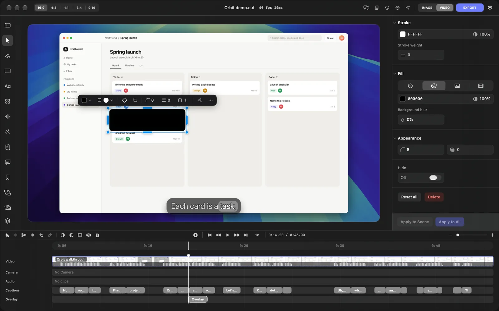 A box over the To do column, selected, covering one card and the edges of the cards above and below it, filled solid black so the card text under it is hidden, with its toolbar above it, and the inspector showing Stroke weight 0, Fill 000000 at 100% and Background blur 0%