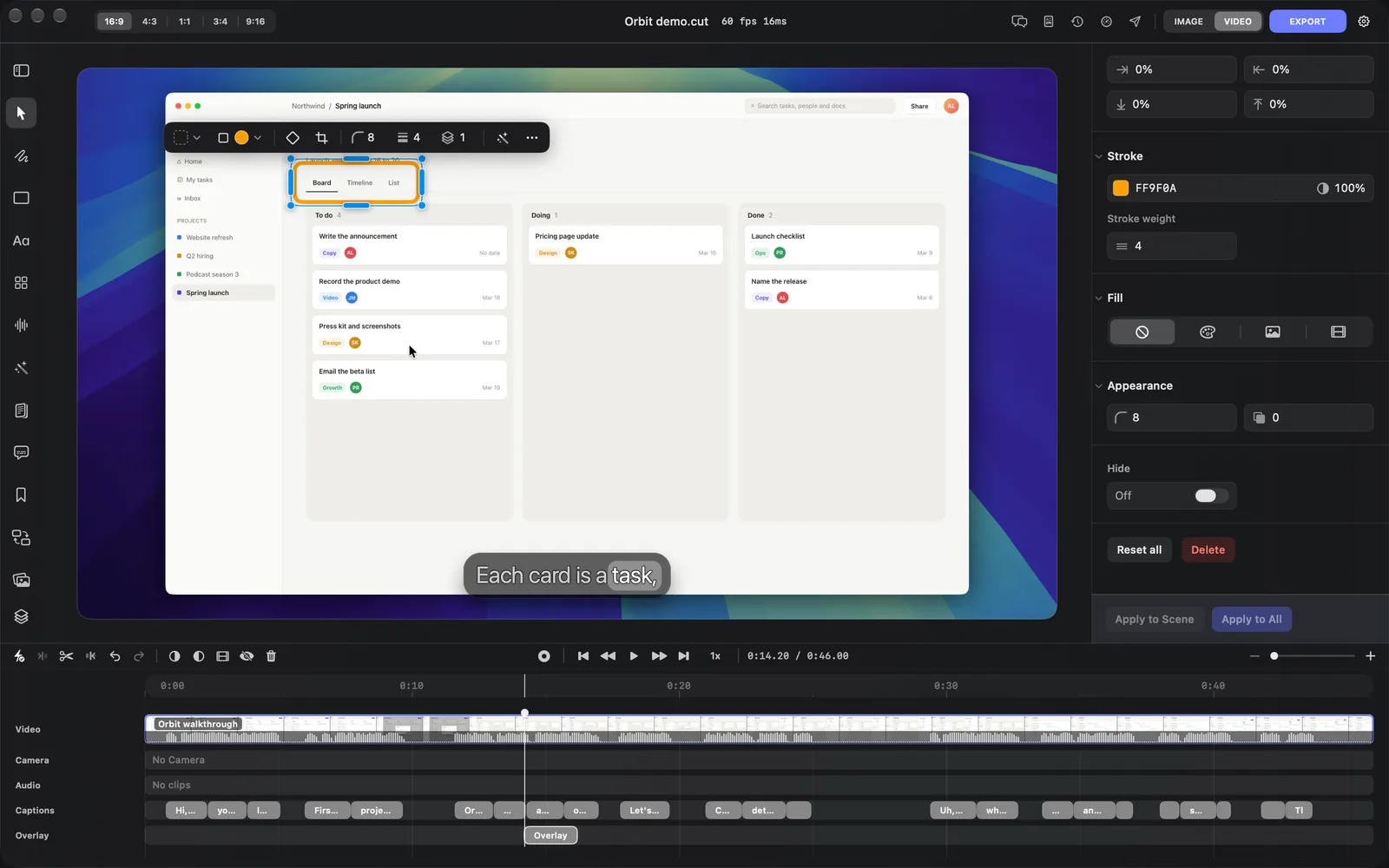 An orange outline round the Board, Timeline and List tabs of the recording, selected, with its toolbar showing an empty fill, an orange border, Corners 8 and Border 4, and the inspector showing Stroke FF9F0A at 100%, Stroke weight 4, Fill set to None, and Appearance with corner radius 8