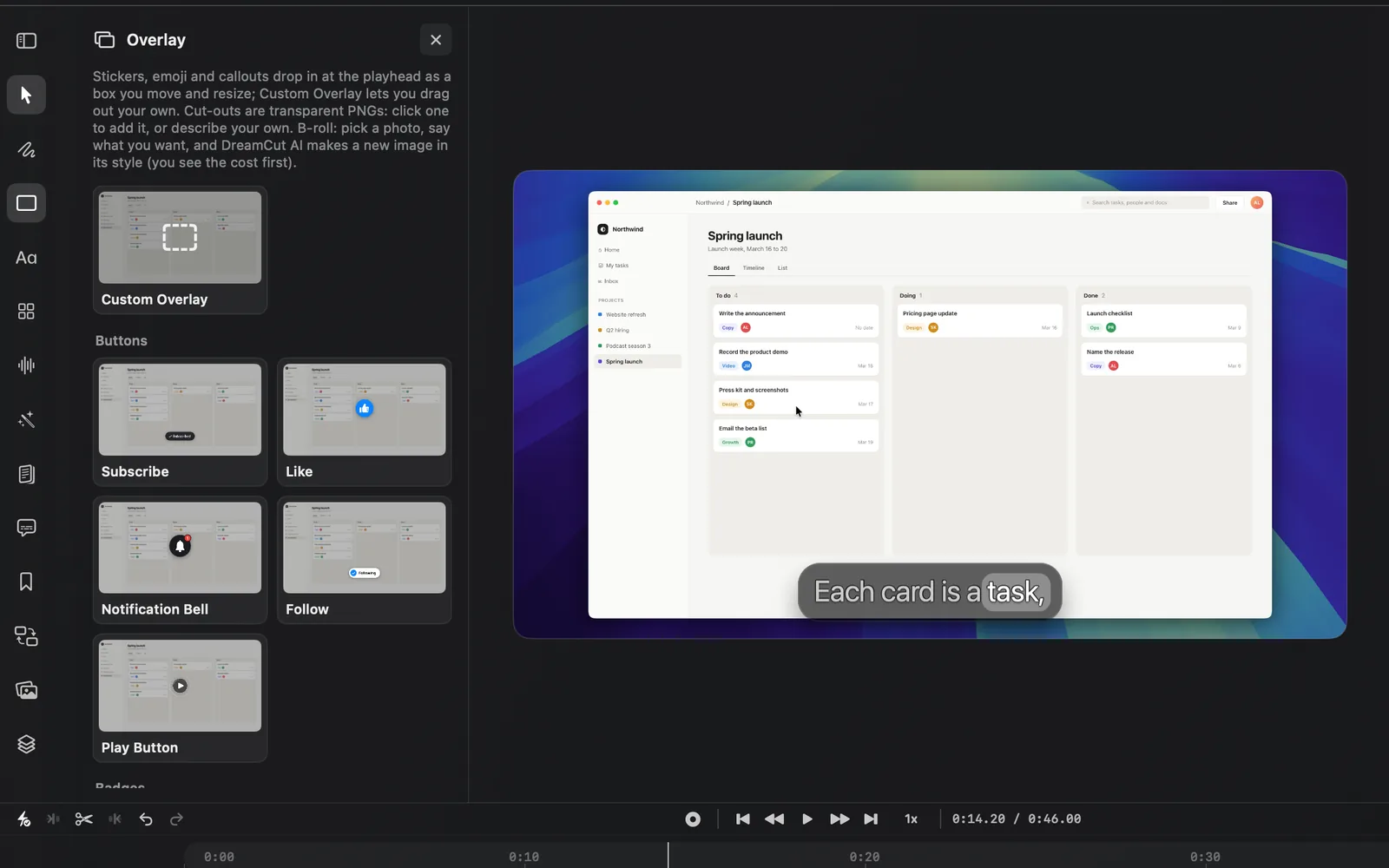 The Overlay panel open beside the canvas, with its intro text, the Custom Overlay card at the top, then the Buttons group: Subscribe, Like, Notification Bell, Follow and Play Button