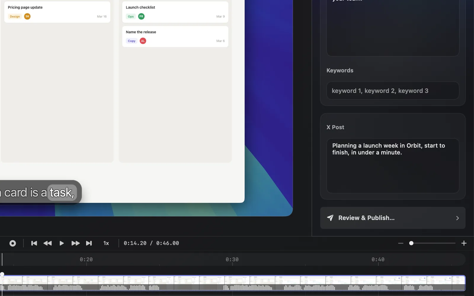 The bottom of the Publish pane: Keywords, the X Post with its draft text, and the Review & Publish… button