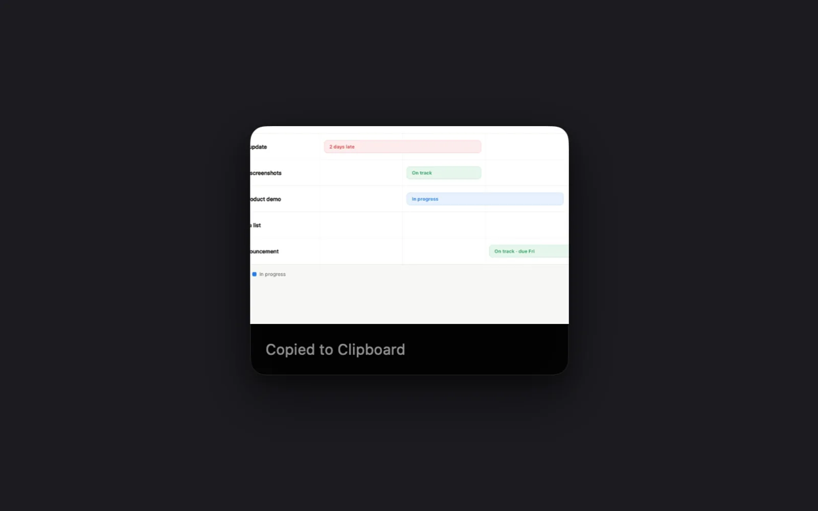 The quick capture card: a picture of the copied part of a project planner's timeline, with task bars reading 2 days late, On track and In progress, above the words Copied to Clipboard
