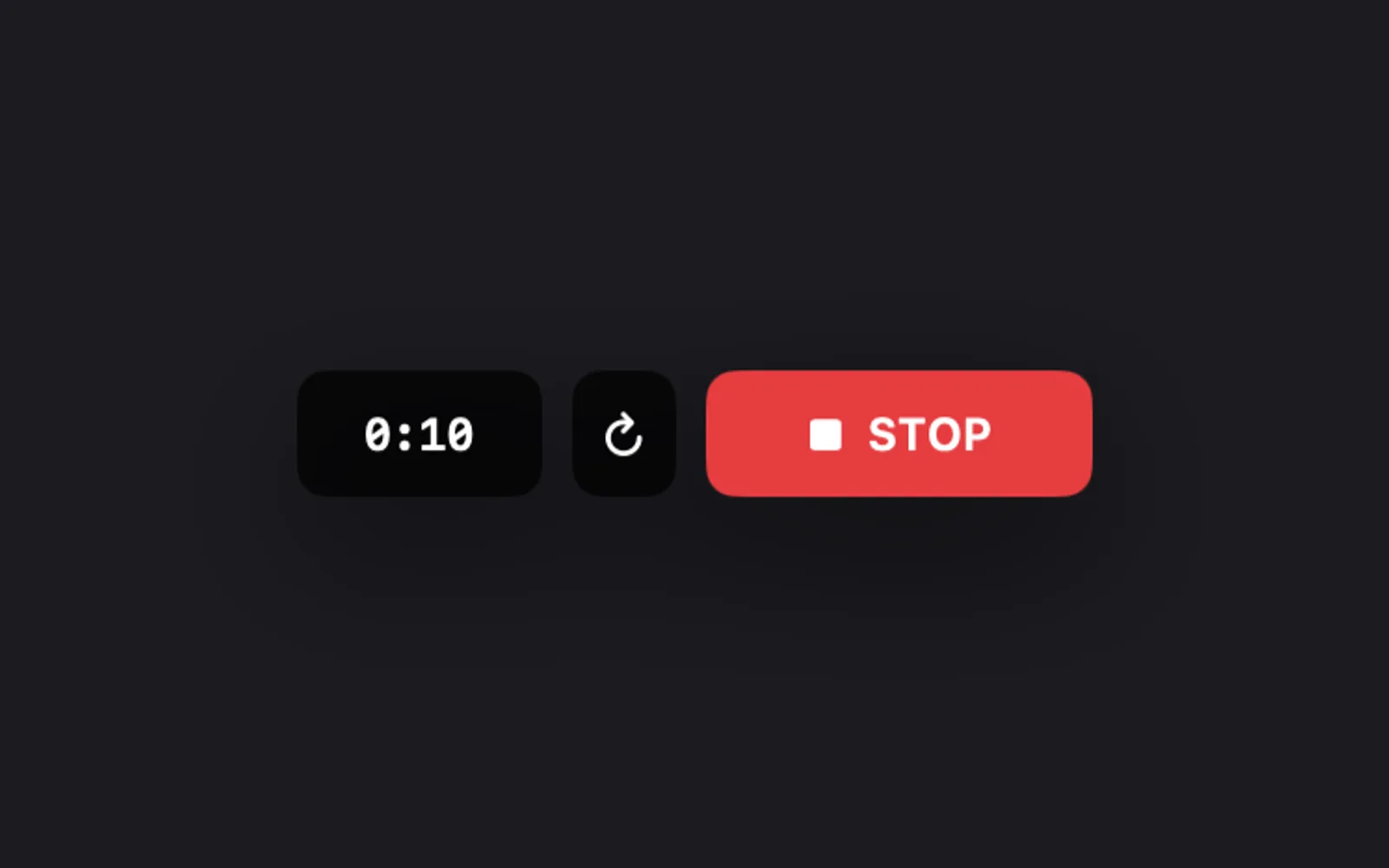 The window recording controls: the timer at 0:10, a circular arrow button and a red STOP button, with no PAUSE