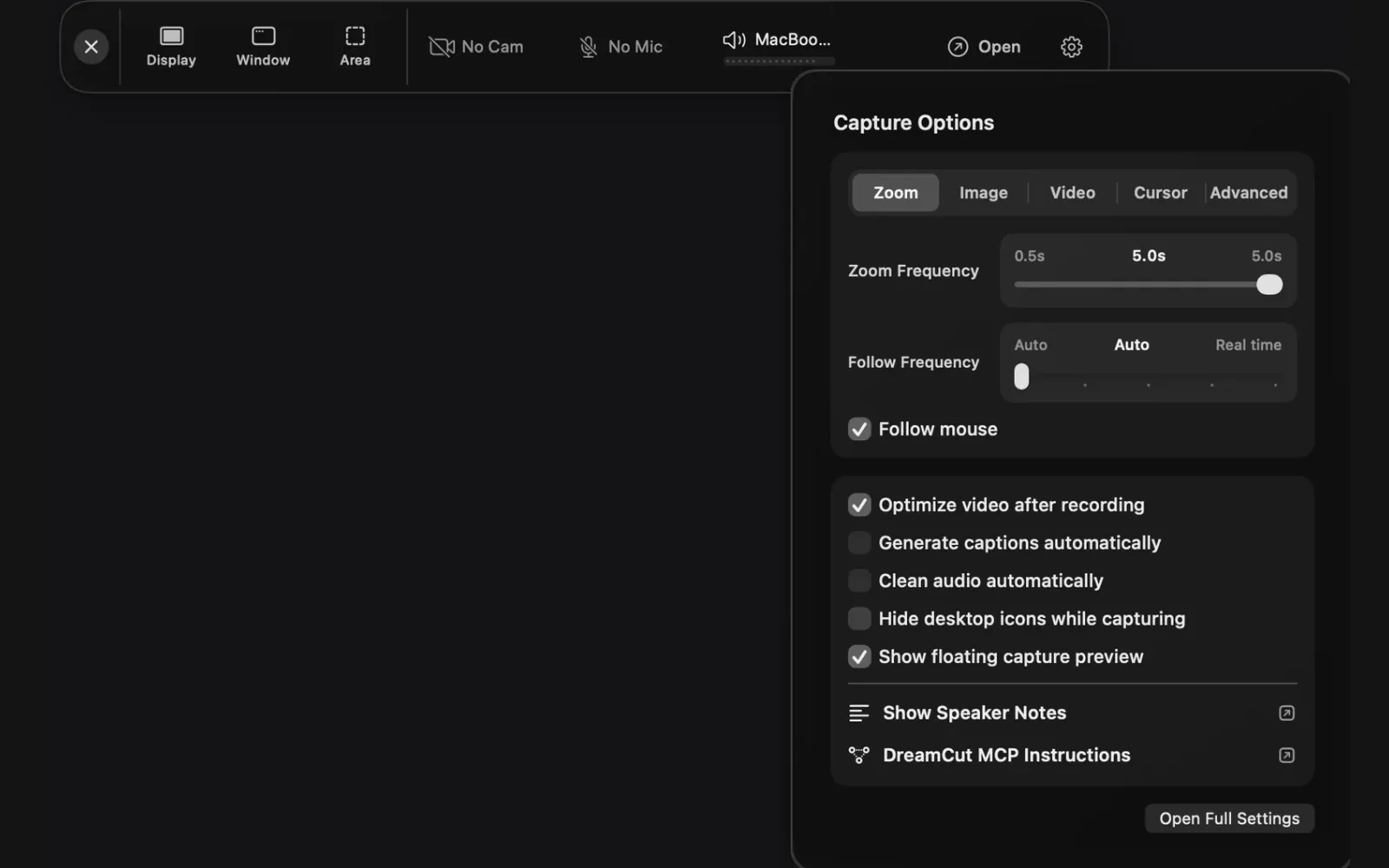 Capture Options on the Zoom tab with its defaults: Zoom Frequency at 5.0s, Follow Frequency at Auto, and Follow mouse turned on