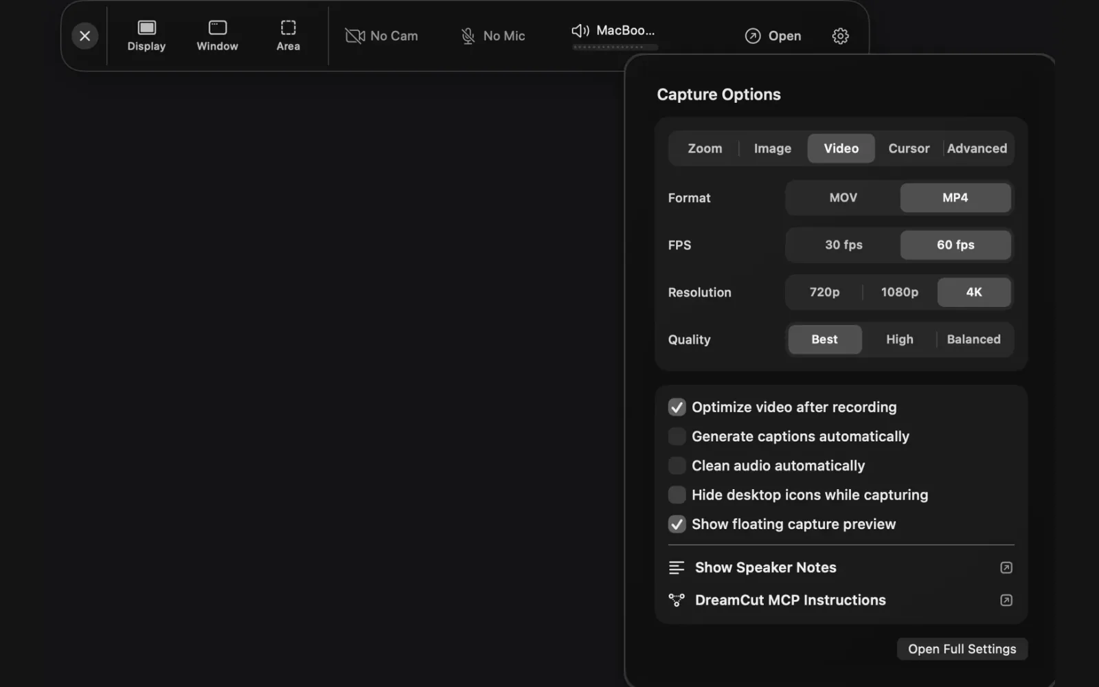 Capture Options on the Video tab with its defaults: Format MP4, FPS 60 fps, Resolution 4K and Quality Best