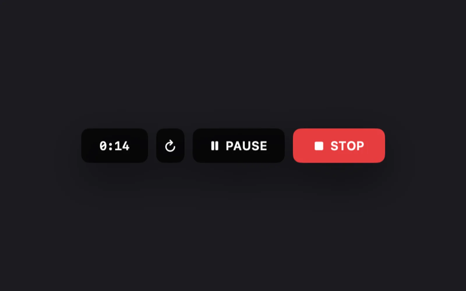 The recording controls: the time so far reading 0:14, the circular Restart recording arrow, PAUSE, and a red STOP button