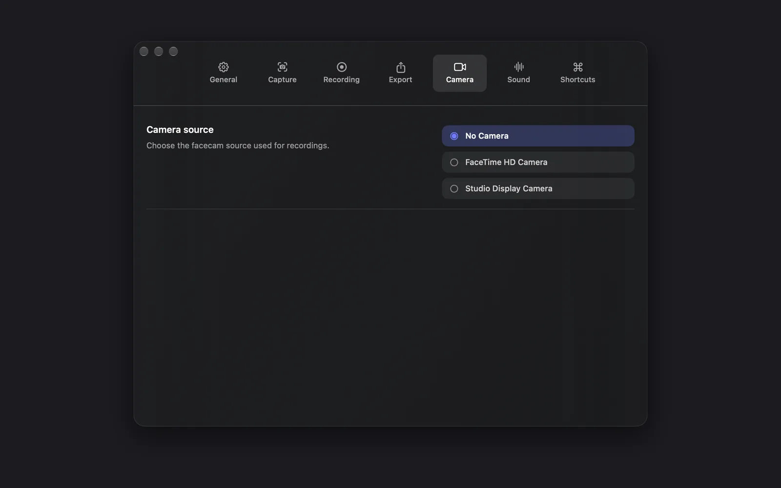 The Camera tab with No Camera selected, above a FaceTime HD Camera and a Studio Display Camera