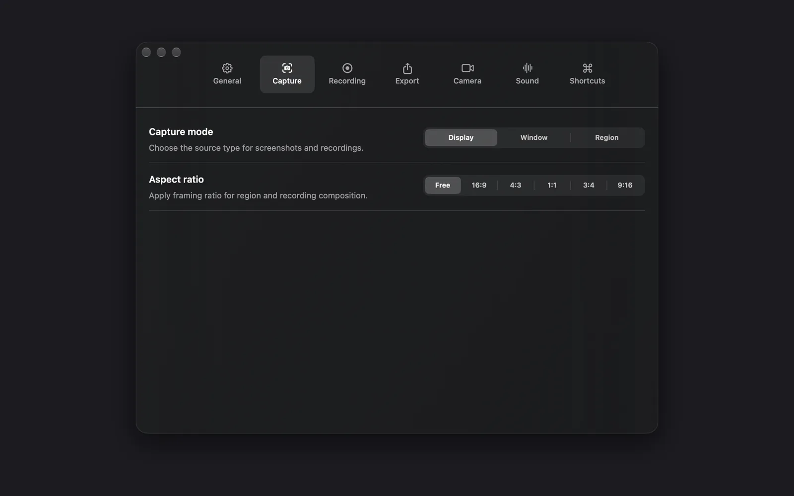 The Capture tab with Capture mode set to Display and Aspect ratio set to Free