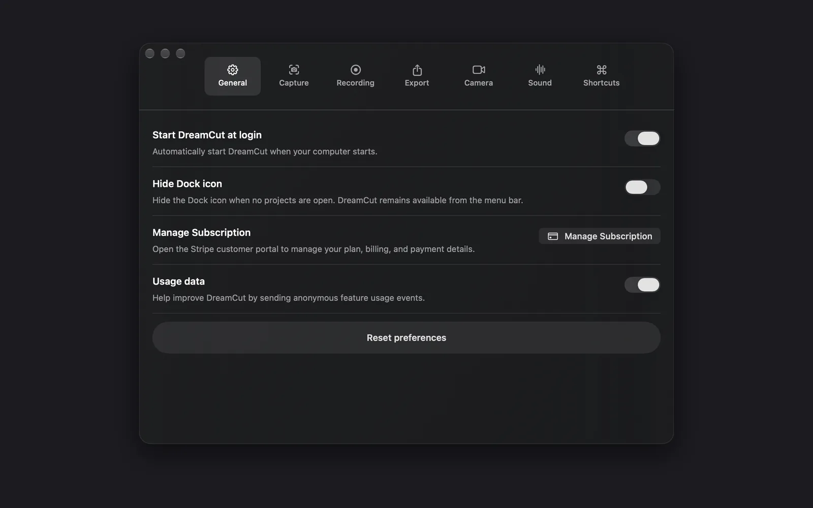 The DreamCut Settings window on the General tab: seven tabs along the top, then the Start DreamCut at login and Hide Dock icon switches, the Manage Subscription button, the Usage data switch and Reset preferences