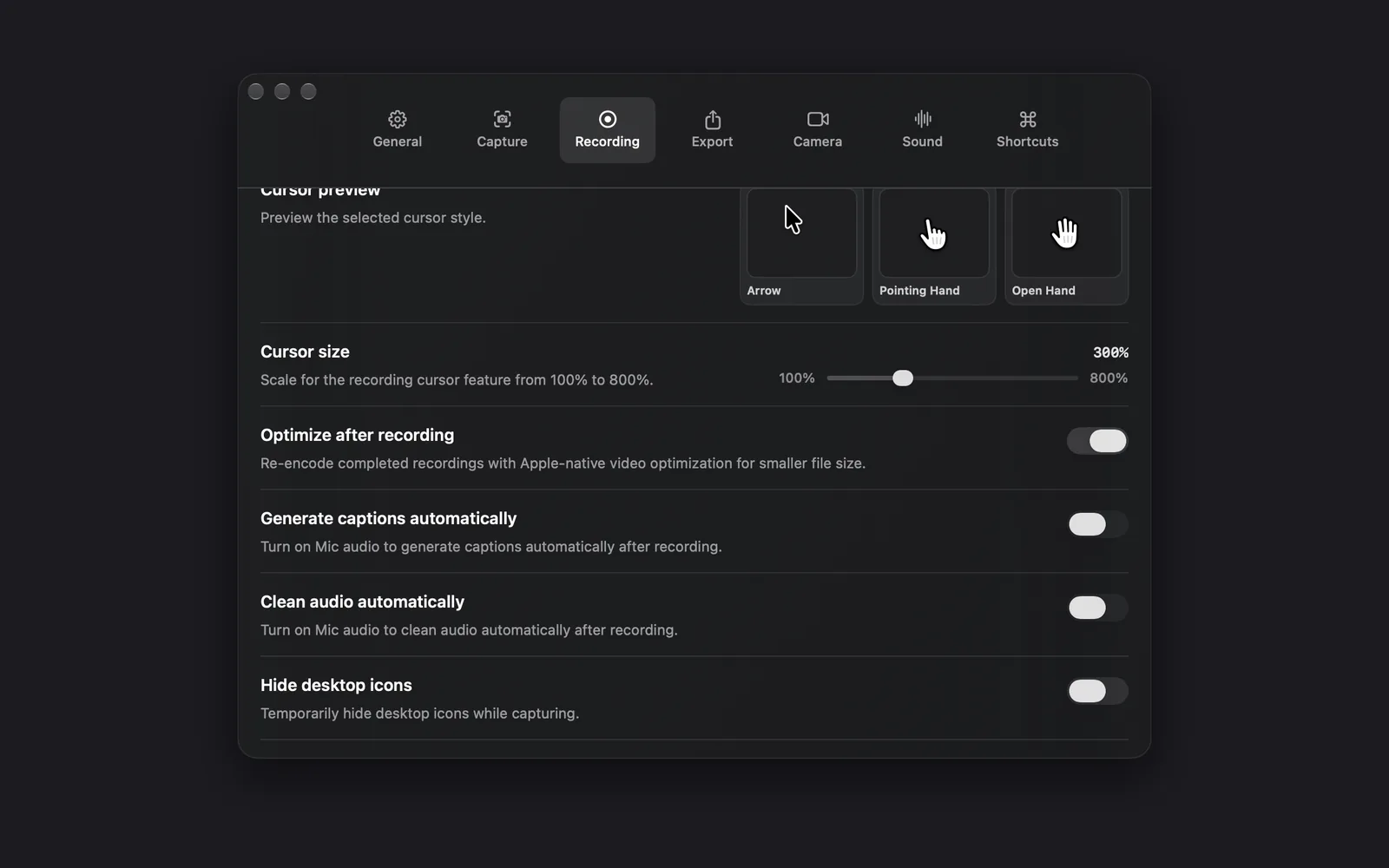 The bottom of the Recording tab at its defaults: Cursor preview with Arrow, Pointing Hand and Open Hand, Cursor size at 300%, Optimize after recording on, and Generate captions automatically, Clean audio automatically and Hide desktop icons off, the two automatic switches each reading "Turn on Mic audio…"