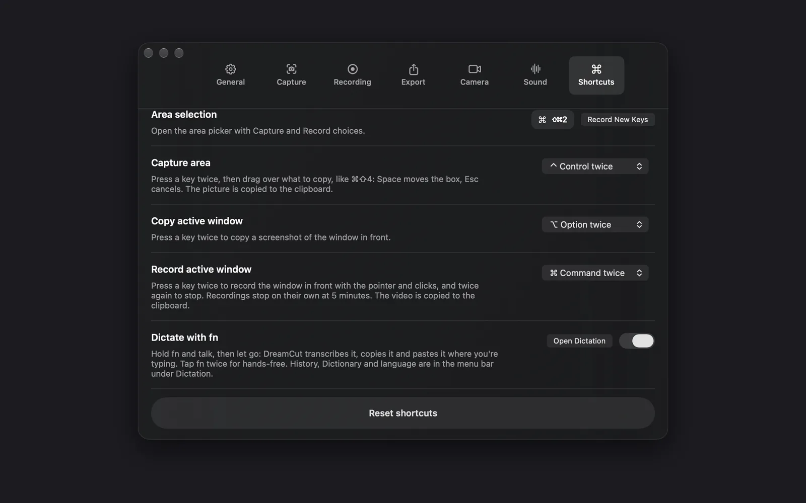 The bottom of the Shortcuts tab: Area selection, the three double-tap menus, Dictate with fn with its Open Dictation button and switch turned on, and Reset shortcuts