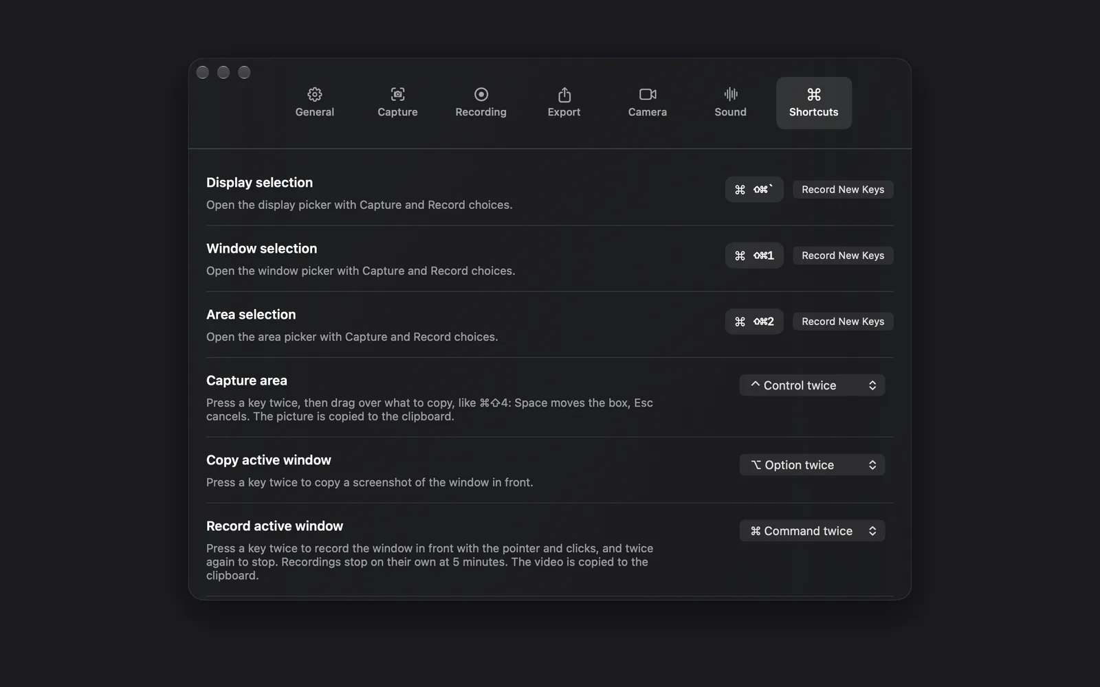 The Shortcuts tab with Display, Window and Area selection on their default Shift-Command keys, each with a Record New Keys button, and Capture area, Copy active window and Record active window set to Control, Option and Command twice