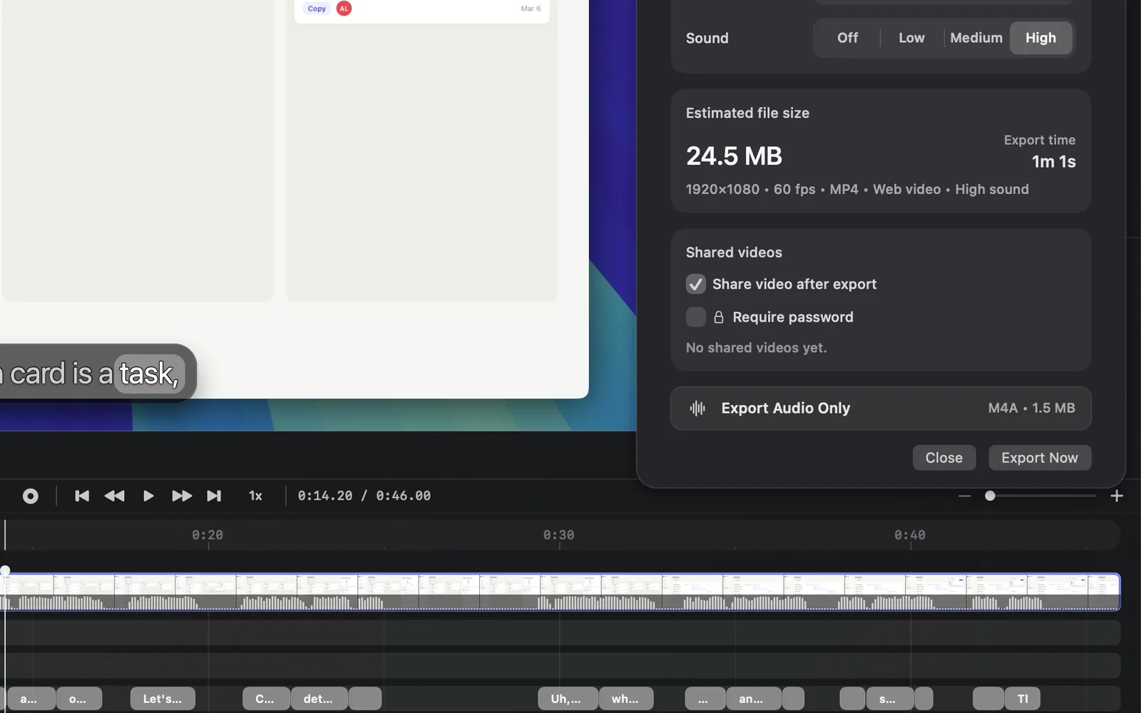 The bottom of Export Settings at 1080p: an estimated 24.5 MB, the Shared videos card with Share video after export ticked and Require password under it, No shared videos yet, Export Audio Only, then Close and Export Now