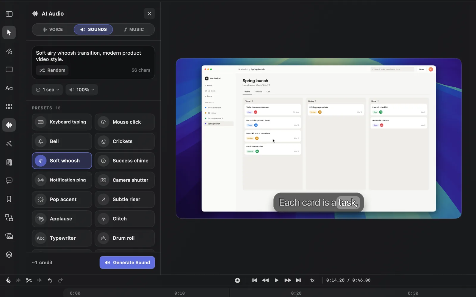 Soft whoosh highlighted in indigo under PRESETS 16, its description "Soft airy whoosh transition, modern product video style." in the box with 56 chars, 1 sec and 100% under it, and ~1 credit beside a blue Generate Sound