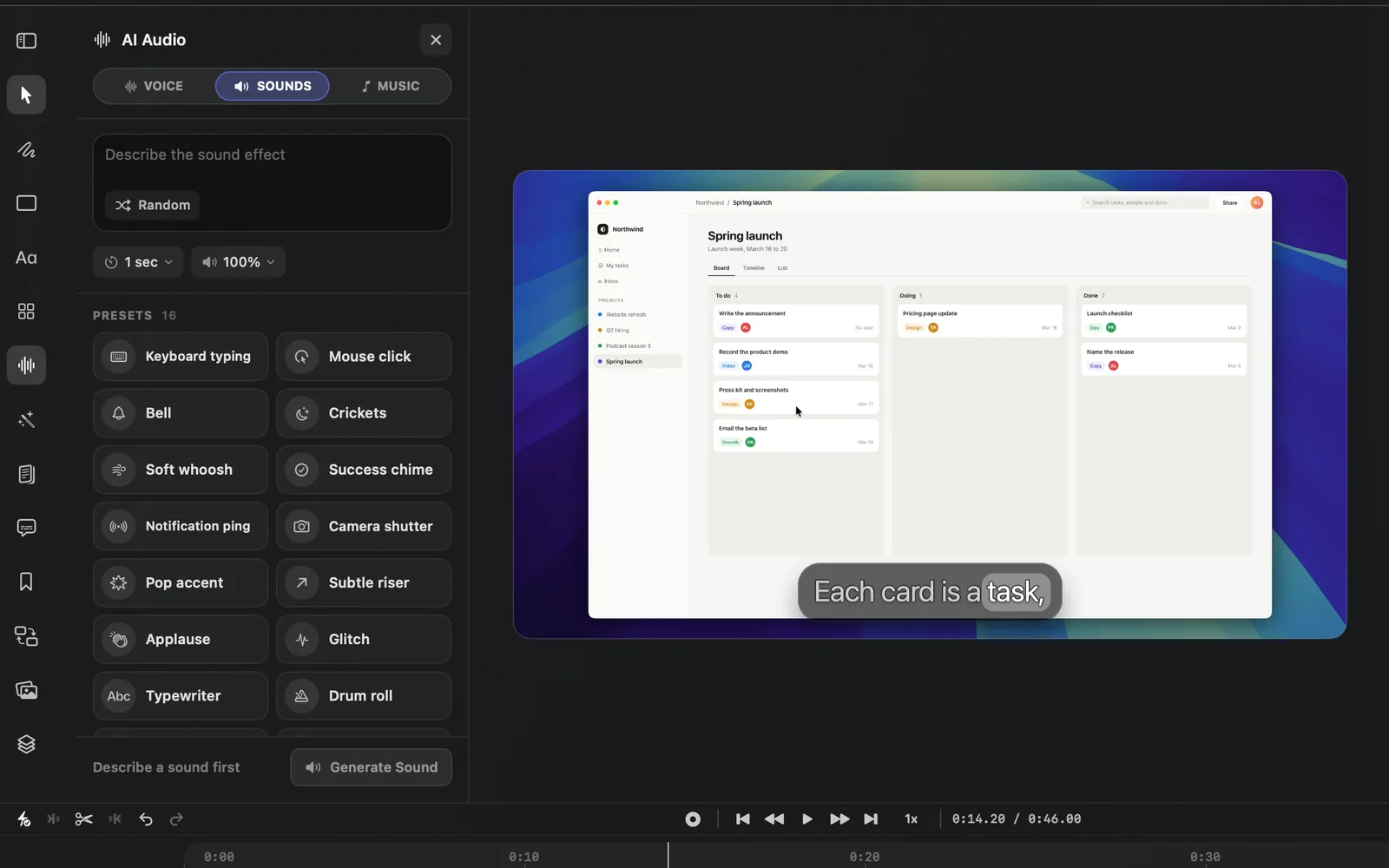 The SOUNDS tab before anything is typed: the empty Describe the sound effect box with Random, the length menu at 1 sec and the volume menu at 100%, 14 of the 16 presets, and Describe a sound first beside a greyed Generate Sound